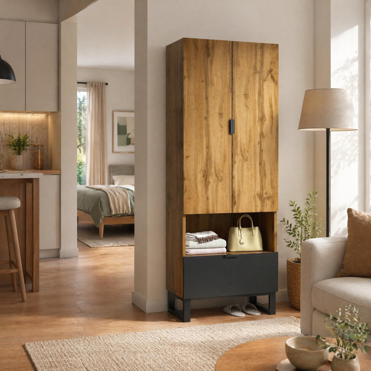 GARDEROBENSCHRANK in Schwarz und Naturfarben Garderobenschrank mit Schublade und Kleiderstange für Flur, B65/T38/H180 cm - Schwarz/Naturfarben, Holzwerkstoff/Metall (65/180/38cm) - STILVORA