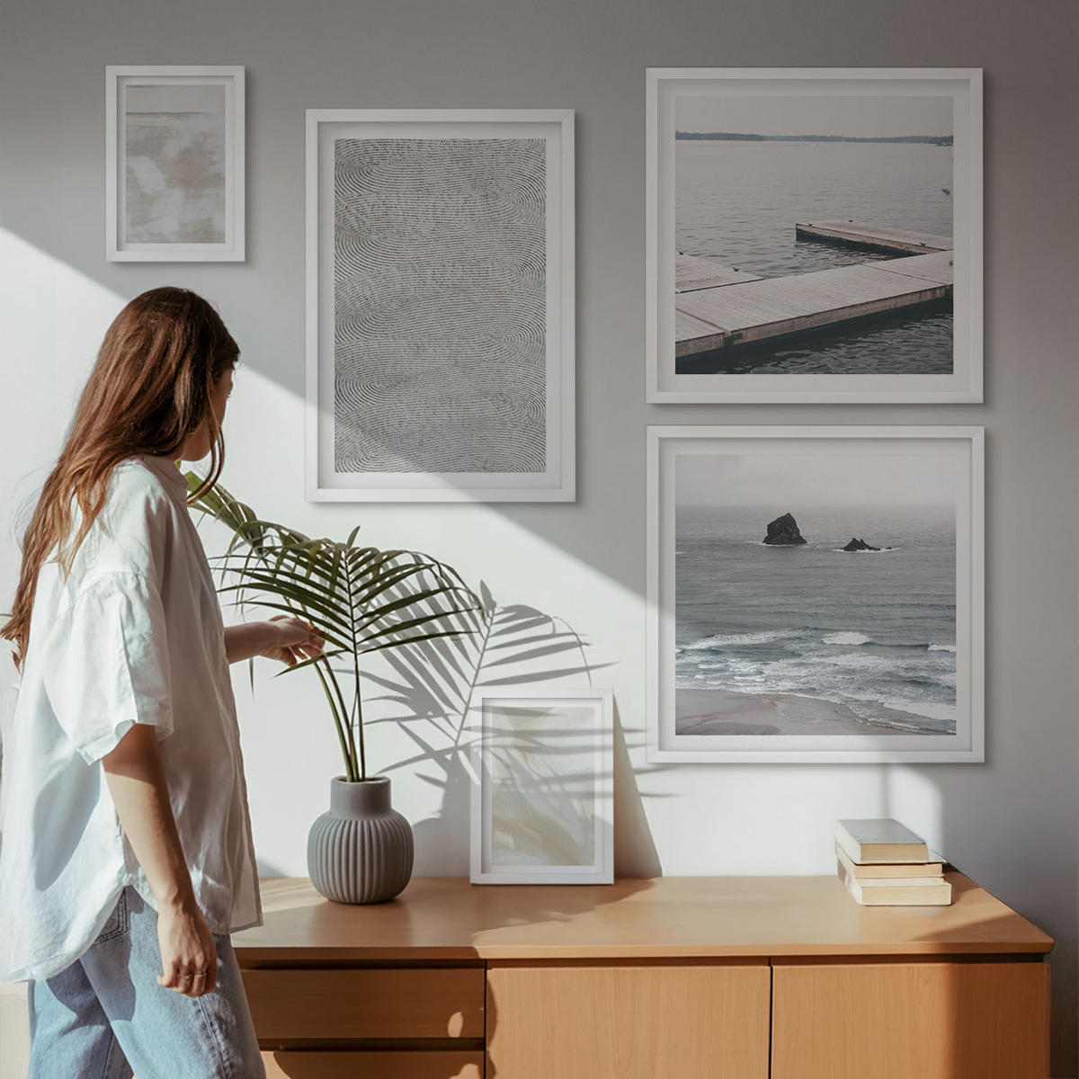 WANDBILDER 5er-Set - 50x50 cm & 20x30 cm & 40x60 cm Weißer Rahmen - Abstraktes Design, moderne Texturen - Weiß, Kunststoff (40/60cm) - ArtPrintCave