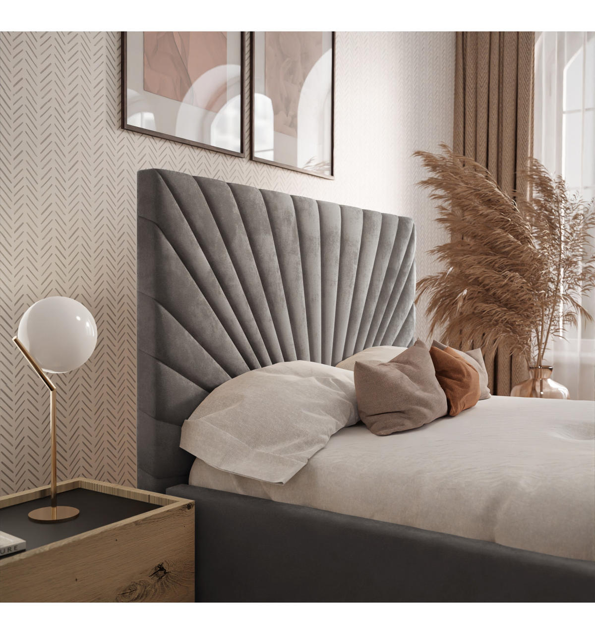 POLSTERBETT SUNNY 160x200 cm French Velvet 686, 34 Holzlatten, Kopfteil 131 cm - Grau, Textil (160/200cm) - Lookway