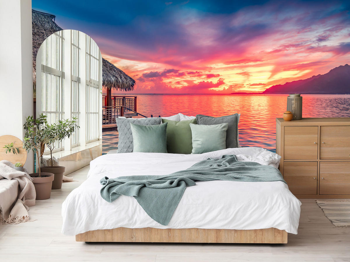 FOTOTAPETE für Wohnzimmer Sonnenuntergang Ozean Holzhütte 200x140 - Türkis/Blau, Papier (200/140cm) - Muralo