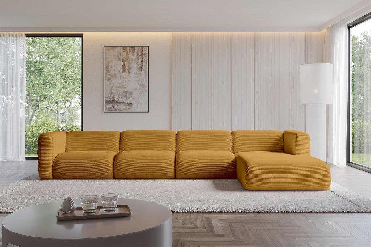 ECKSOFA Ottomane Rechts MIRA-L3 409x179x70 Senfgelb Cord - Currygelb/Schwarz, Holzwerkstoff/Kunststoff (409/179cm) - ALTDECOR