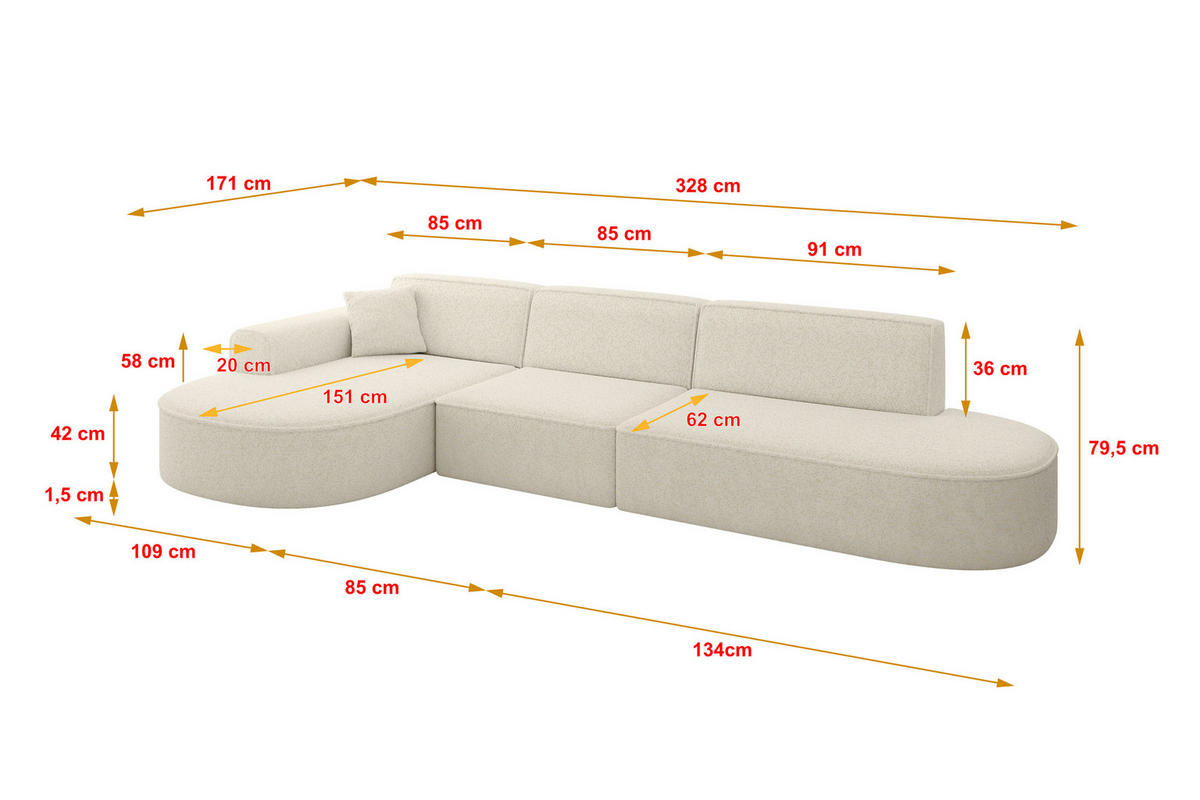 ECKSOFA Ottomane Links MARI-L2 - 328x171x79 cm Creme Tissu - Creme/Schwarz, Holzwerkstoff/Kunststoff (328/171cm) - ALTDECOR