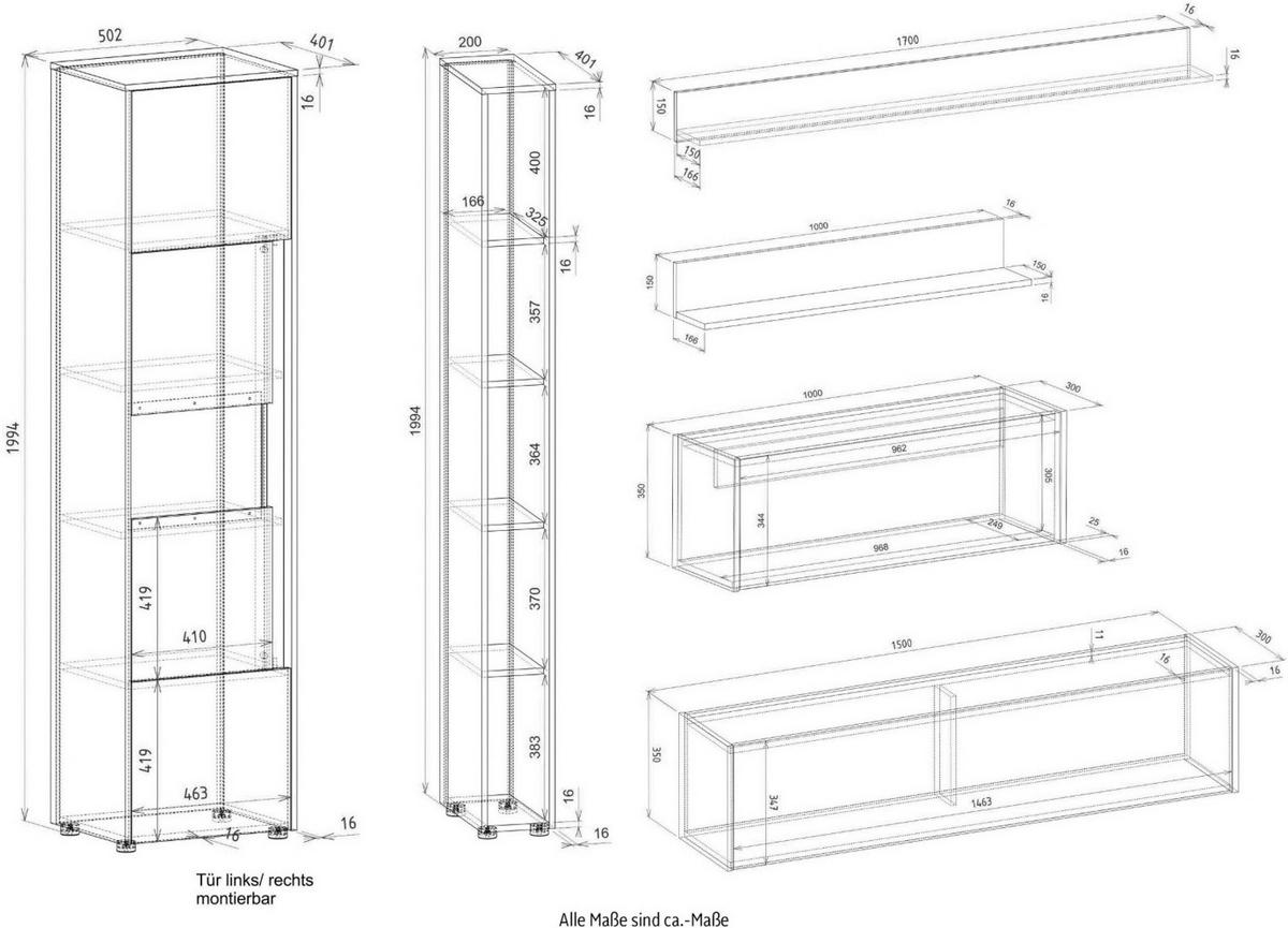 WOHNWAND mit Sekretär grau matt, Eiche Wotan 340 cm, Wohnkombination 6-teilig - Eiche Wotan/Grau, Holzwerkstoff/Kunststoff (340/200/40cm) - Furn.Design