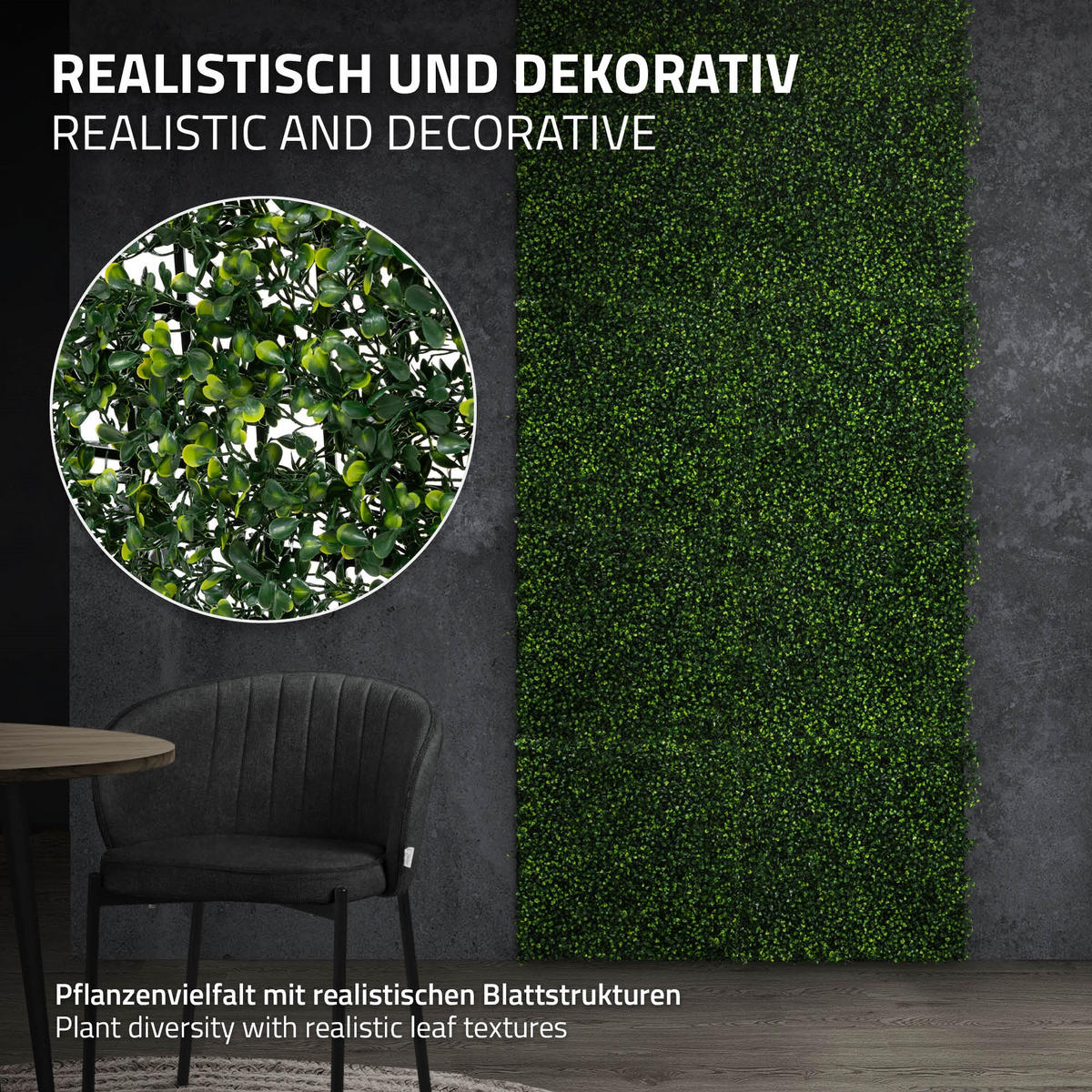 UMĚLÁ ROSTLINNÁ STĚNA, sada 4 ks, 50 x 50 cm, umělé rostliny na stěnu, interiér i exteriér, zelená, Classic Buxus - tmavě zelená, plast (50/50/5cm) - ECD-Germany