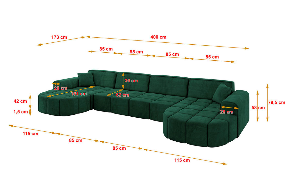 WOHNLANDSCHAFT LIVO-U2 - 400x173x79,5 cm Grün - Grün, Holzwerkstoff/Textil (400/79/173cm) - ALTDECOR