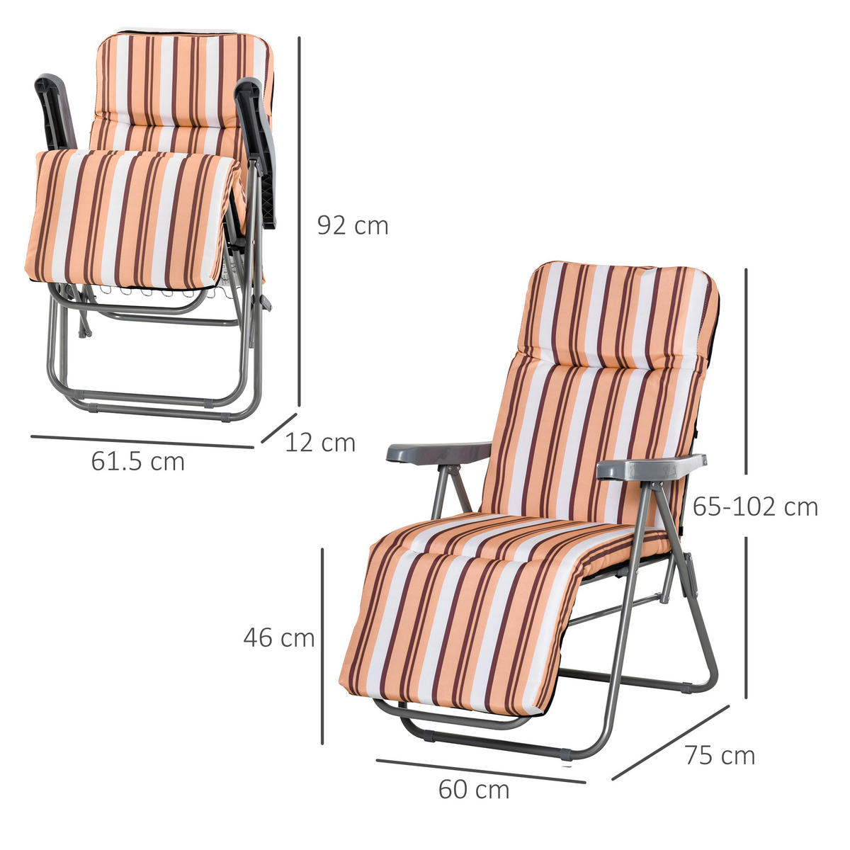 SONNENLIEGE 2er-Set, 5-fach verstellbar, 60 x 75 x 102 cm, Grau-Orange - Pink, Metall (75/102/60cm) - Vallsero