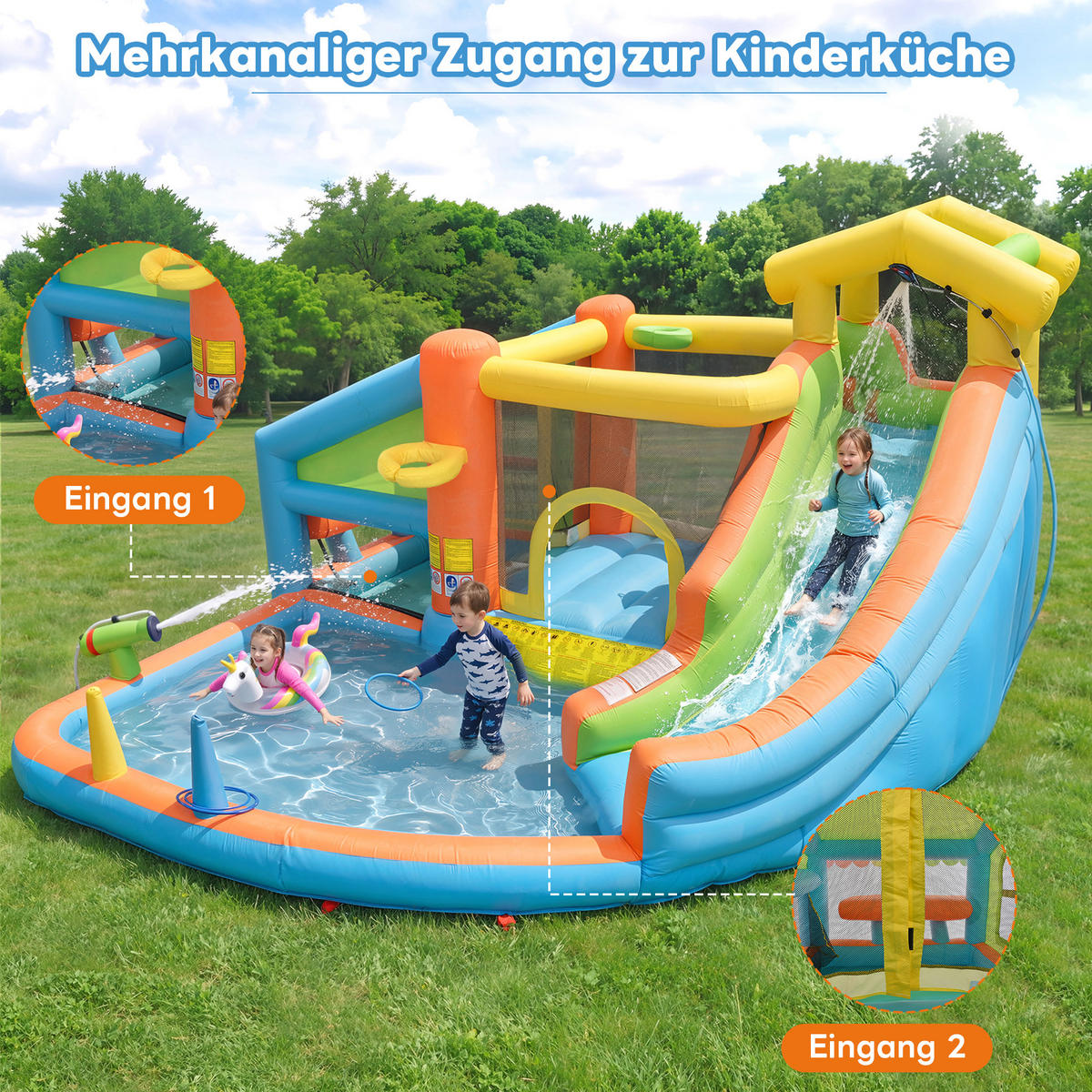 HÜPFBURG Kinder Wasserpark Rutsche Basketball Spielküche - Multicolor, Textil (360/350/210cm) - FLIEKS