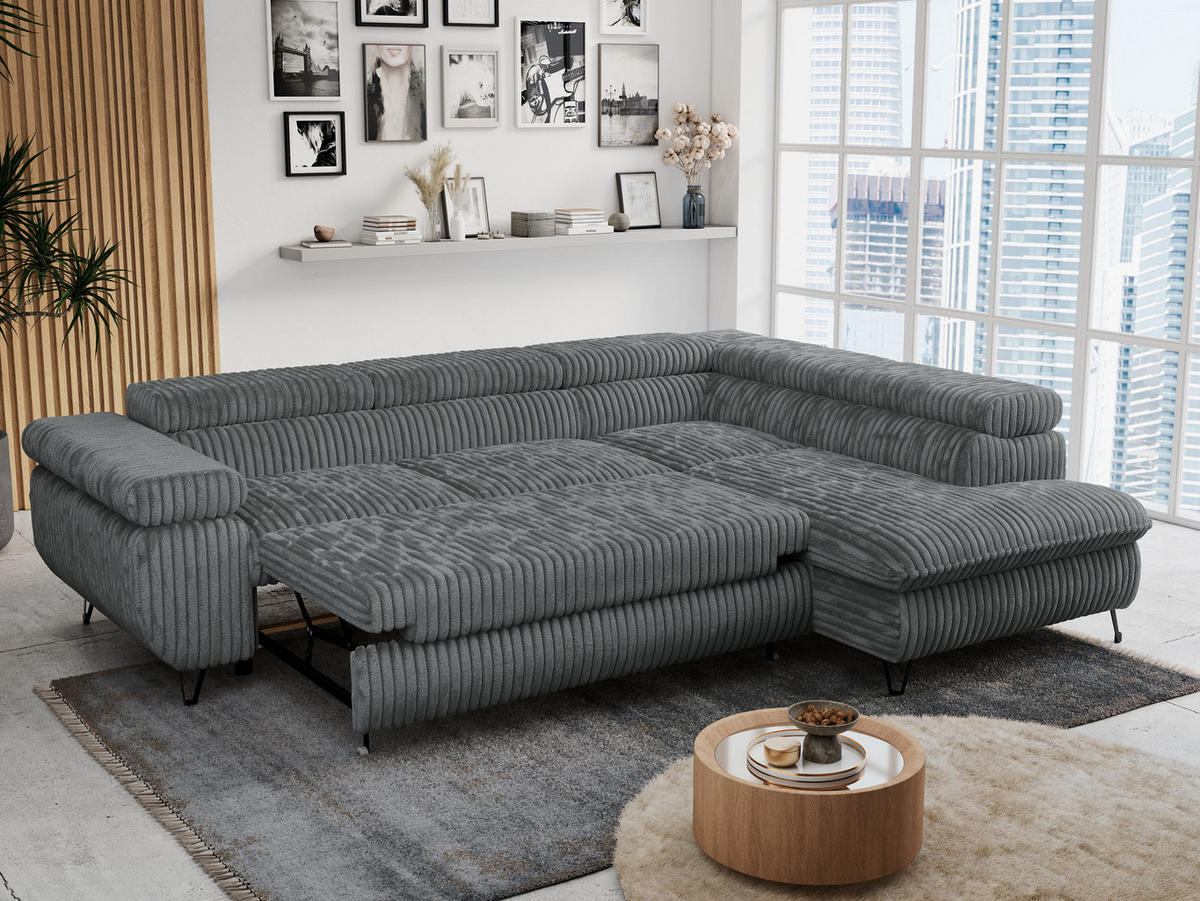 ECKSOFA PETER L Dunkelgrau Cord - Rechts Seite - Dunkelgrau/Schwarz, Textil/Metall (273/208cm) - MKS