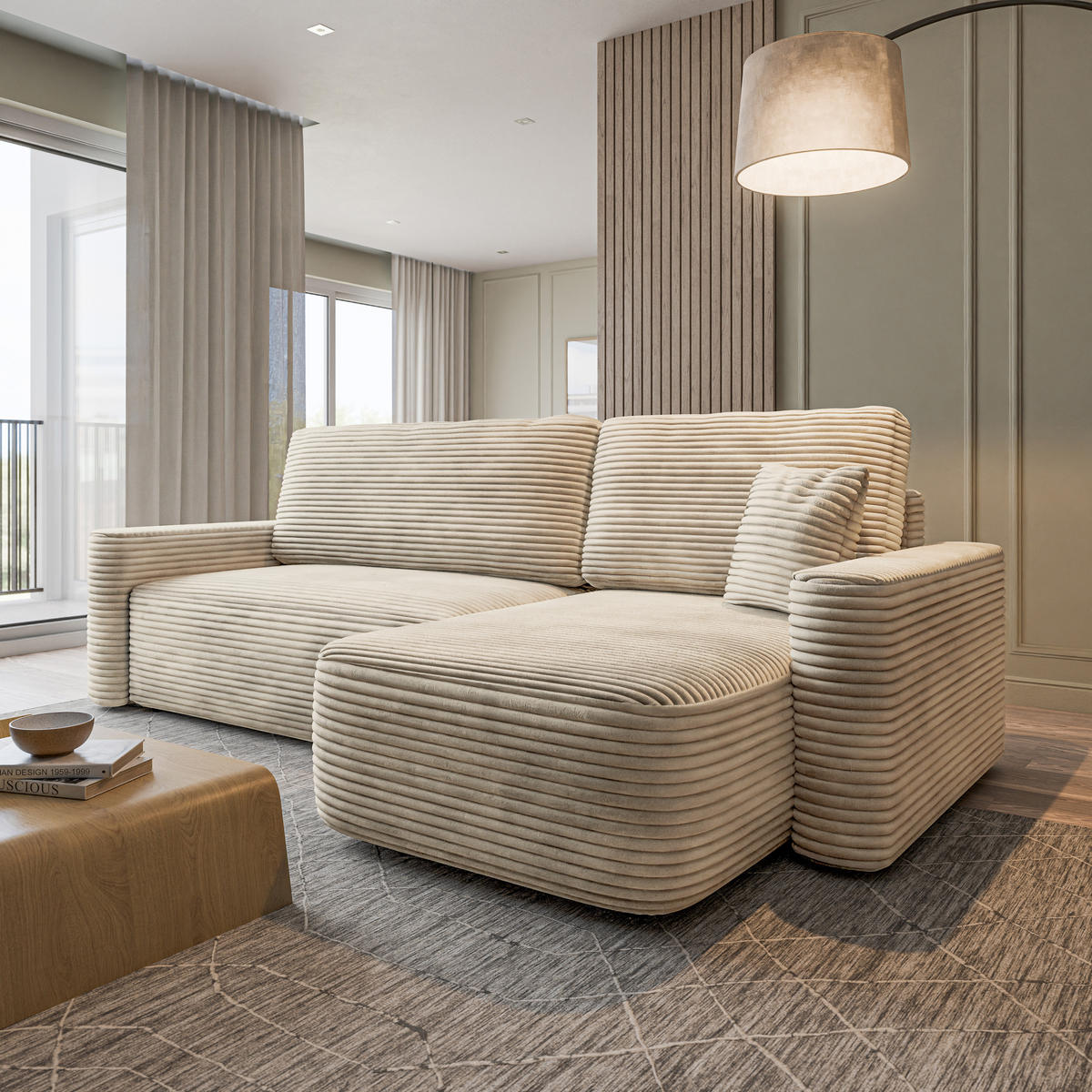 ECKSOFA NERI T Creme Kordstoff mit Schlaffunktion - Creme, Holzwerkstoff/Textil (280/157cm) - MASSENO