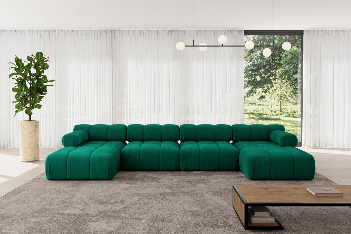 WOHNLANDSCHAFT modulares Sofa Tesso-U2 - 380x160x70 cm Dunkelgrün Velours - Dunkelgrün, Holzwerkstoff/Textil (380/70/160cm) - ALTDECOR
