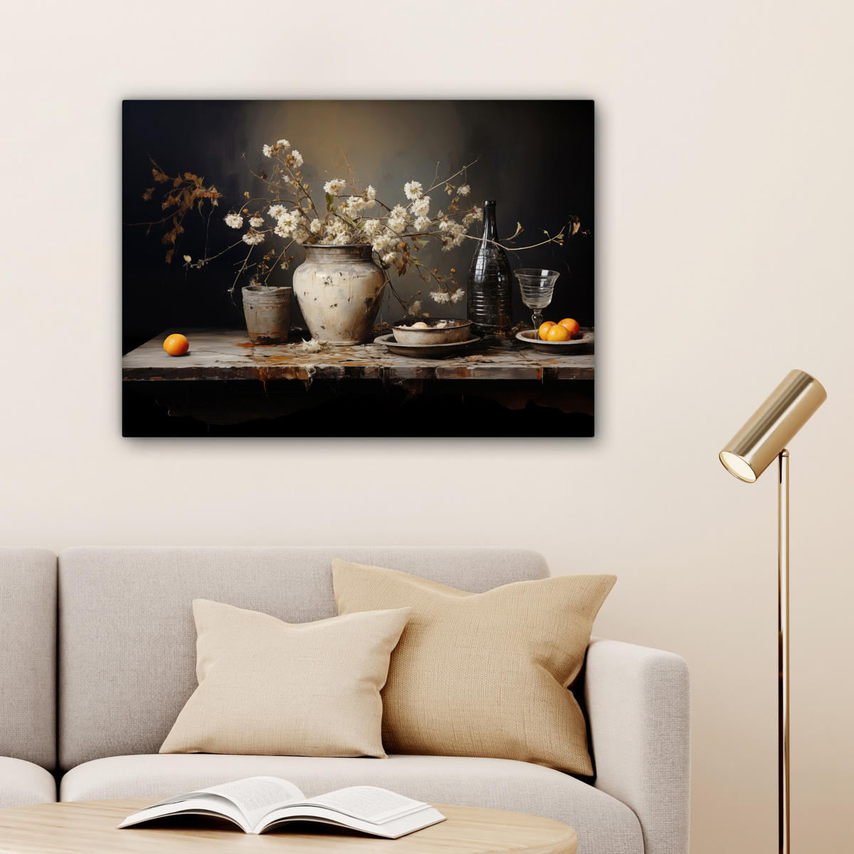 LEINWANDBILD Stilleben - Blumen - Blumenstrauß - Vase - Wein Wandbilder 80x60 cm - Schwarz, Textil (80/60cm) - MuchoWow