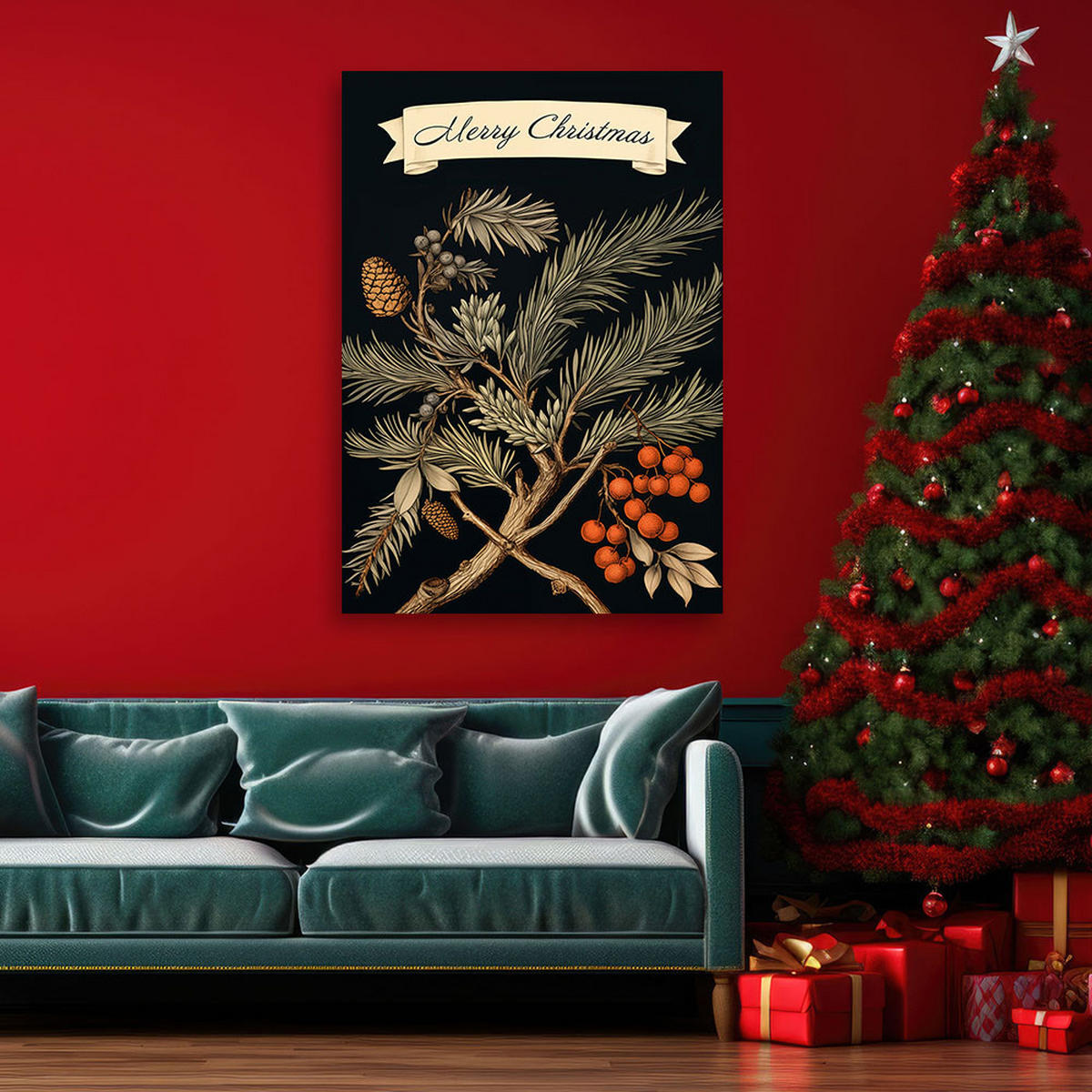 WANDBILD zeichen für frohe weihnachten und tannenzweig - Schwarz, Textil (40/60cm) - Feeby