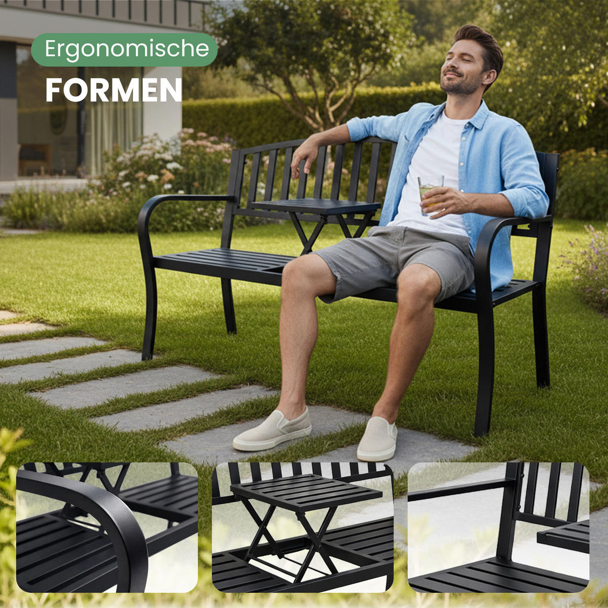 GARTENBANK DUO Schwarz 135 x 82,5 x 57 cm - Schwarz, Metall (135/82.5/57cm) - Akord