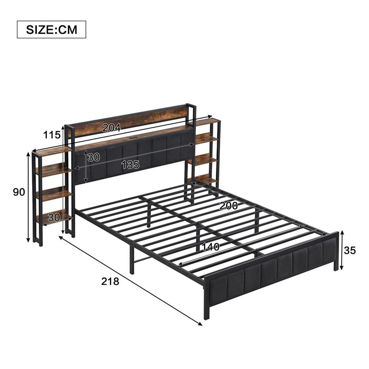 METALLBETT 140x200cm in Schwarz + Walnus，Kopfteil mit Regal - Schwarz, Metall (140/200cm) - KOMHTOM