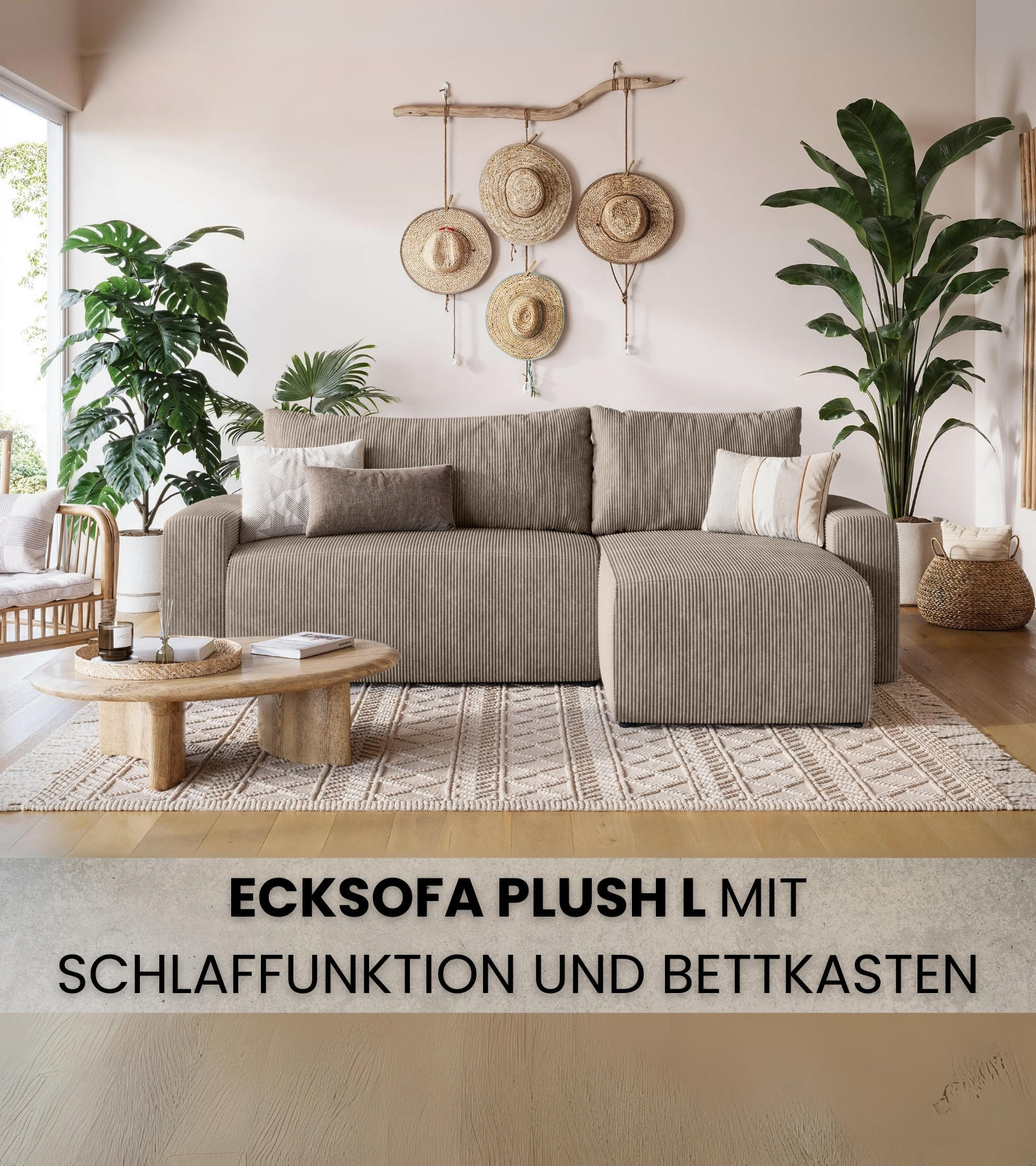 ECKSOFA PLUSH mit Schlaffunktion Beige Cord - Beige, Textil (240/145cm) - Bromarkt