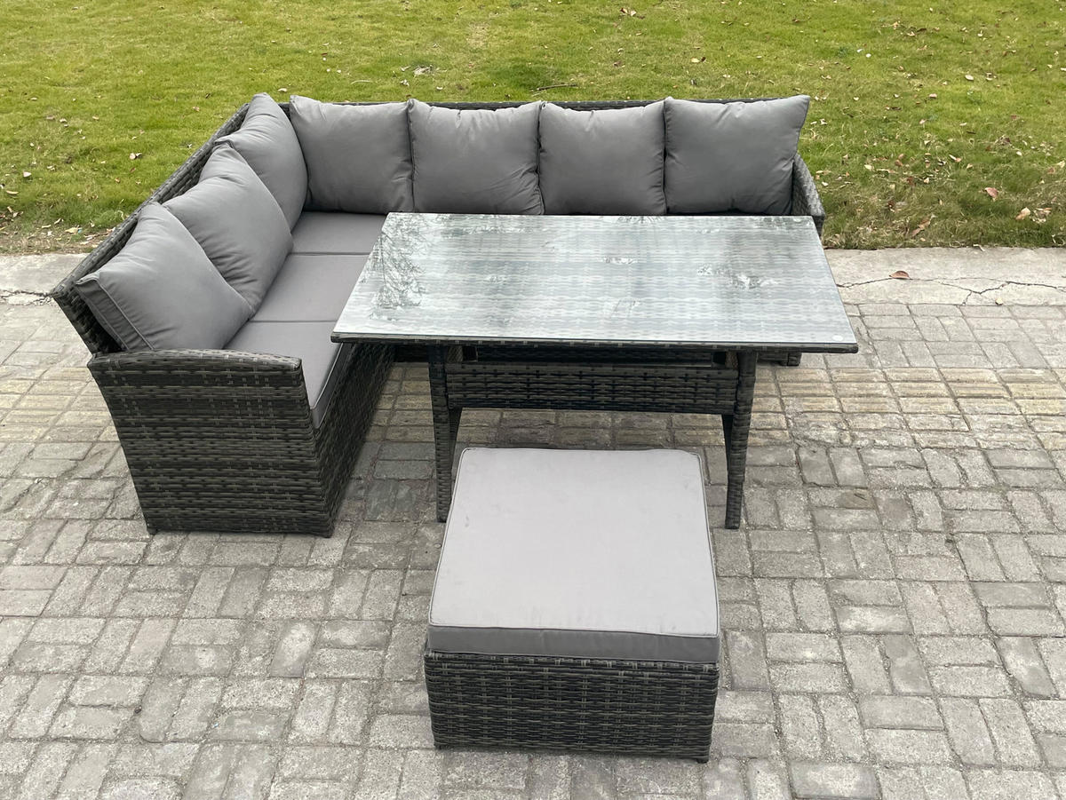 GARTENMÖBEL SET Polyrattan Dunkelgrau 7-Sitzer - Dunkelgrau/Grau, Glas/Kunststoff - Fimous