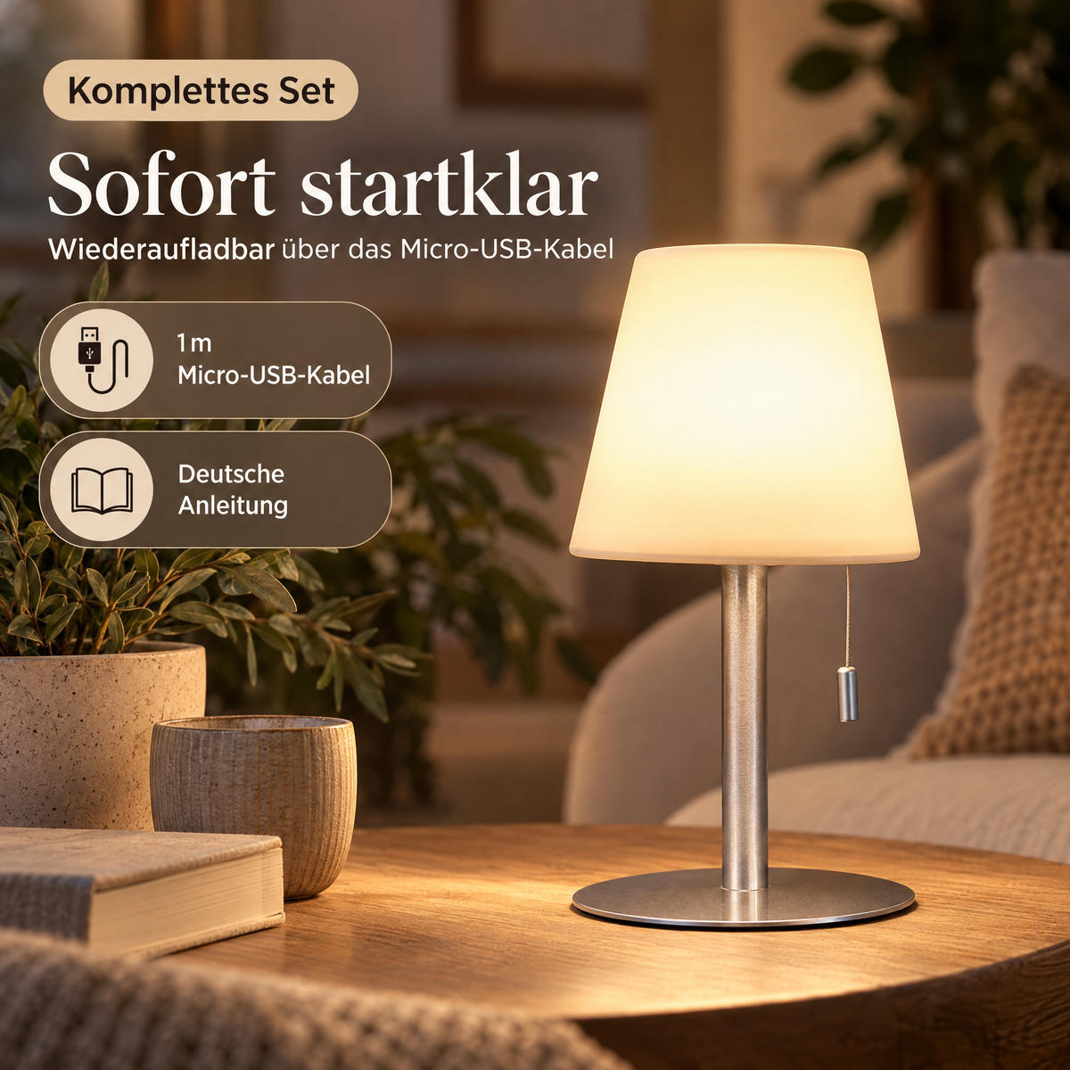LED-TISCHLEUCHTE mit Akku 4400mAh stufenlos dimmbar Farbwechsel Zugschnur Metall-Standfuß silber H 30cm - Weiß, Metall (17/17/30cm) - Northpoint