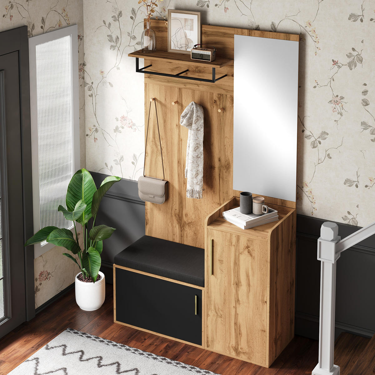 GARDEROBENSET Spiegel Sitzbank Schuhschrank - Naturfarben, Holzwerkstoff (100/185/38cm) - Fortuna Lai
