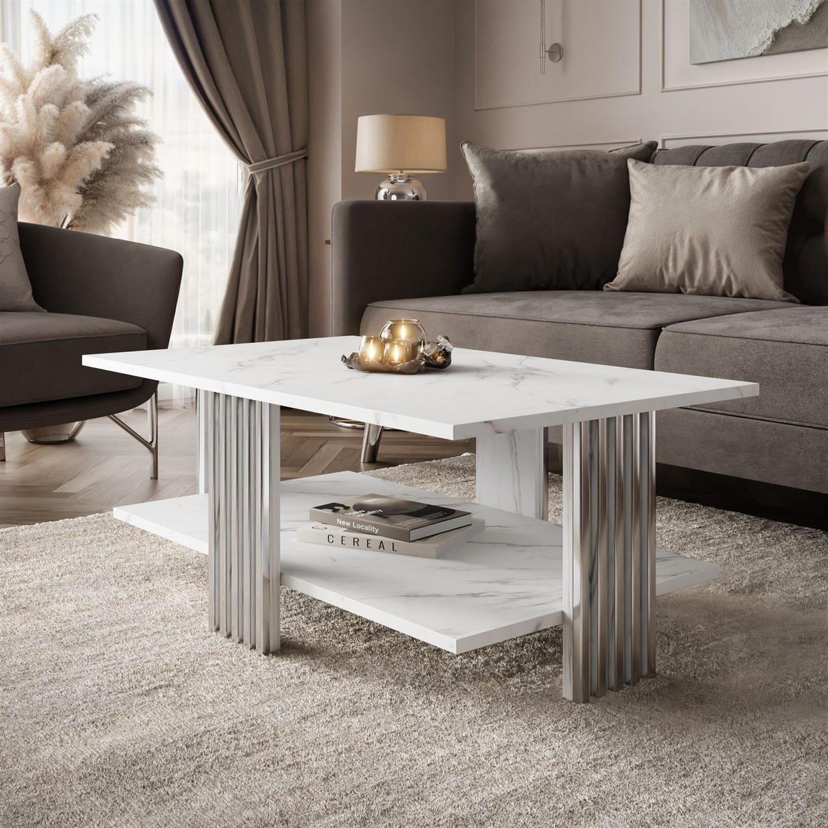 COUCHTISCH SAPHIRA SILVER mit Ablageboden, Weißer Marmor - Weiß, Holzwerkstoff (60/100/40cm) - Lookway