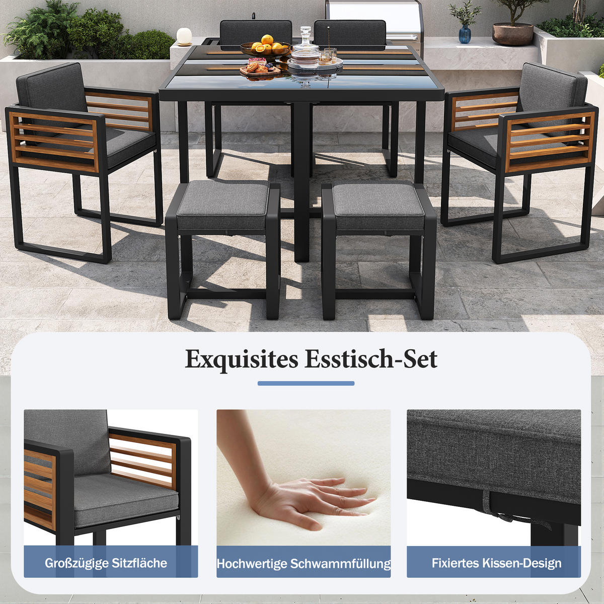 GARTENMÖBEL-SET Modernes 7-tlg. Schwarz - Grau, Metall - ComfortXL