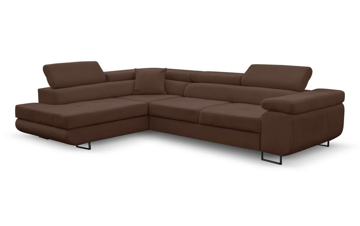 ECKSOFA Jerry in L-Form mit Schlaffunktion und Bettkasten, Farbe: Braun, Veloursstoff, Ottomane Links - Braun, Textil (202/275cm) - VENASI MÖBEL
