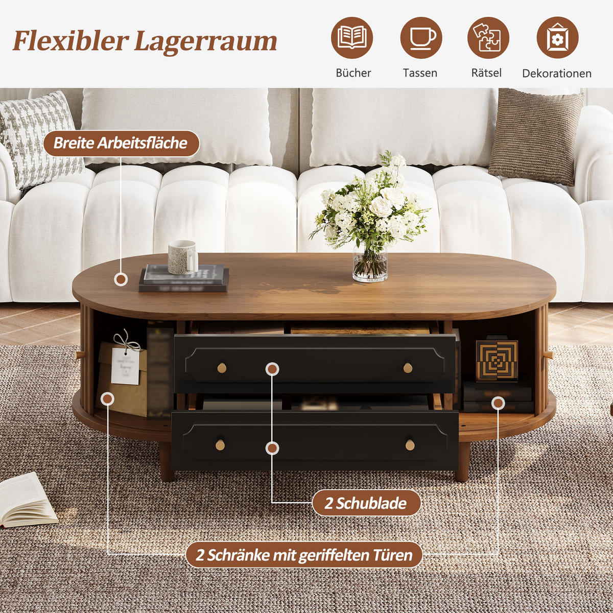 COUCHTISCH mit Schubladen und Rolltüren 100 x 50 x 36 cm - Walnussfarben, Holzwerkstoff (100/50/36cm) - ComfortXL