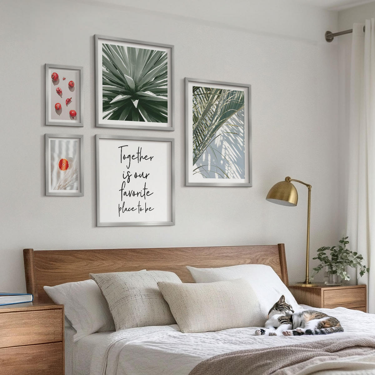 WANDBILDER 5er Set - 50x50 cm & 20x30 cm & 40x60 cm Silberner Rahmen - Feiertags-Palmenfrucht-Inschrift - Silberfarben, Kunststoff (40/60cm) - ArtPrintCave