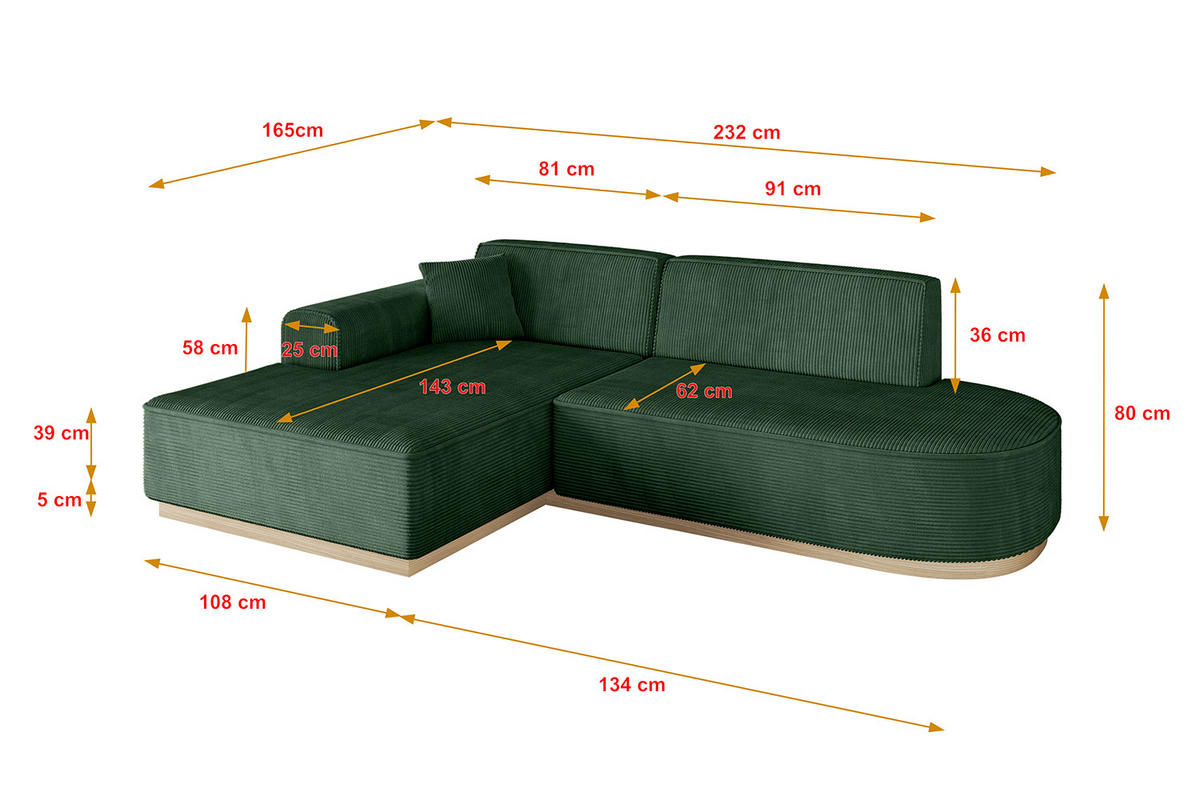 ECKSOFA Ottomane Links IREA-L1 - 232x165x80 cm Grün - Currygelb, Holzwerkstoff/Textil (232/165cm) - ALTDECOR