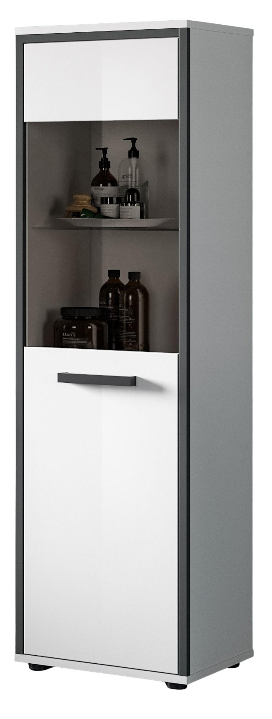 MIDISCHRANK weiß Hochglanz, grau 40 x 139 cm, Badkommode mit wechselbaren Türanschlag - Weiß Hochglanz/Schwarz, Glas/Holzwerkstoff (40/139/34cm) - Inn.Furn