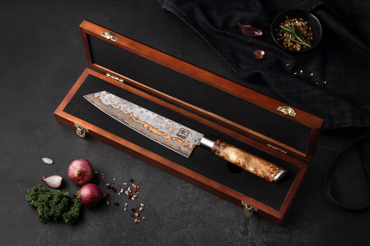 KIRITSUKE MysticMagma Damast - Braun, Holz/Metall (34cm) - Zayiko