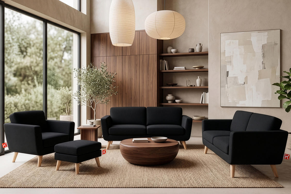 SOFA TAGIO mit Armlehnen, Schwarz - Schwarz/Braun, Buchenholz/Textil (153/80/84cm) - KONSIMO®