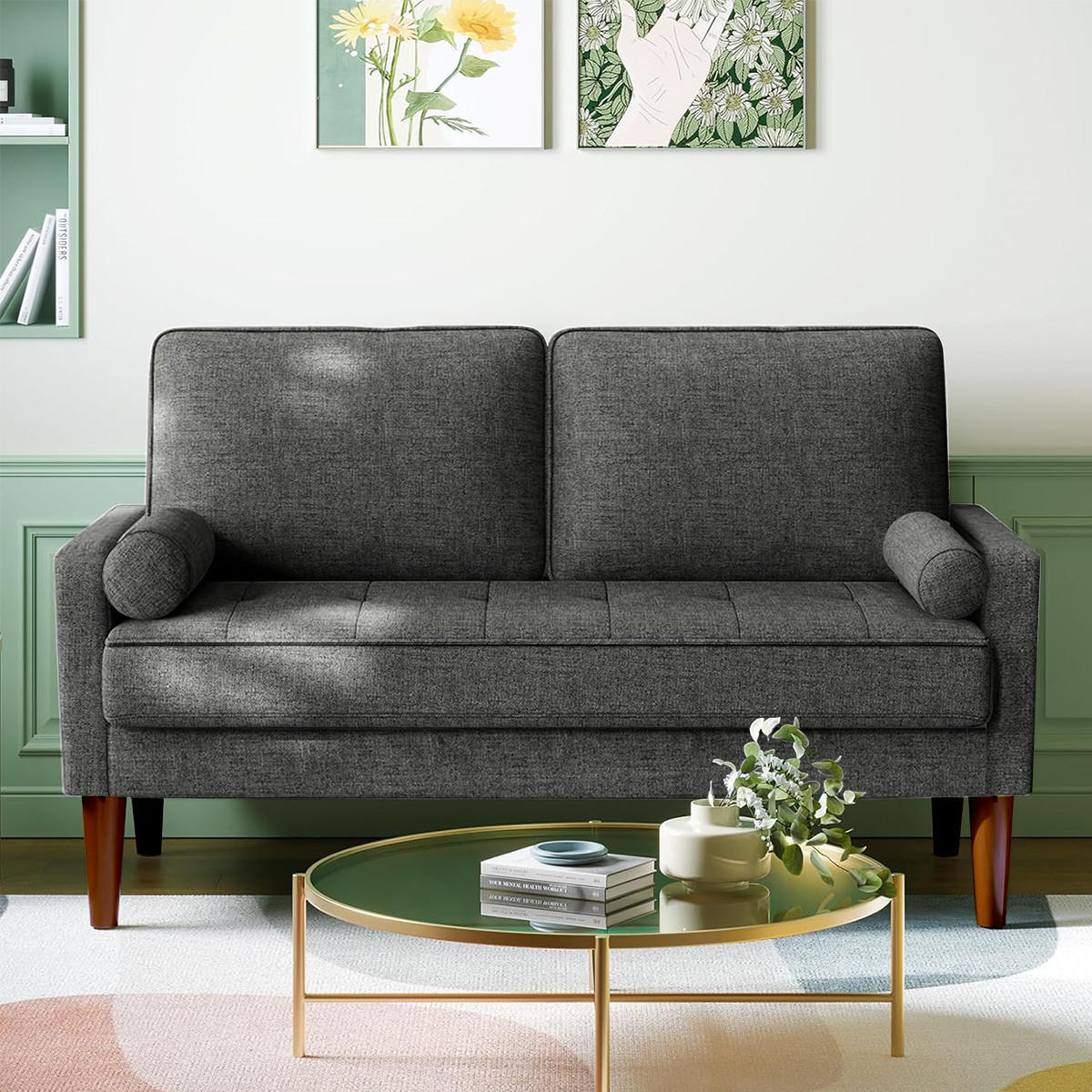 SOFA 2-Sitzer Modernes Kleines Sofa 120 cm,Stoffcouch mit Armlehne Knopf-Design, inkl. 2 Wurfkissen Couch für Wohnzimmer,Gästezimmer,Wohnung,Grau - Grau, Textil (51/46/121cm)