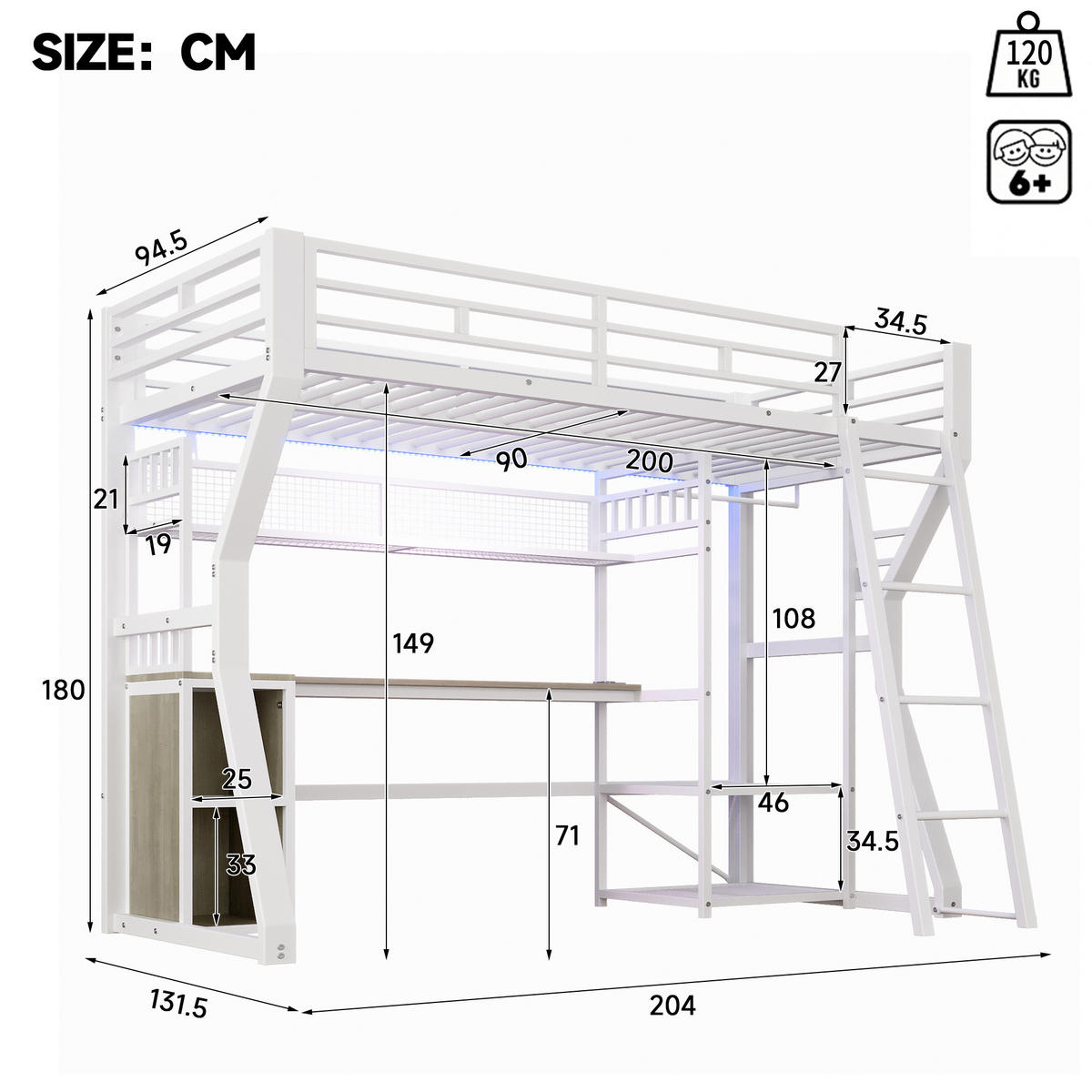 HOCHBETT 90/200 cm mit Lichtleiste, Steckdose, Schreibtisch und Kleiderbereich, MDF & Metall, Weiß - Weiß, Holzwerkstoff (90/200cm) - Redom
