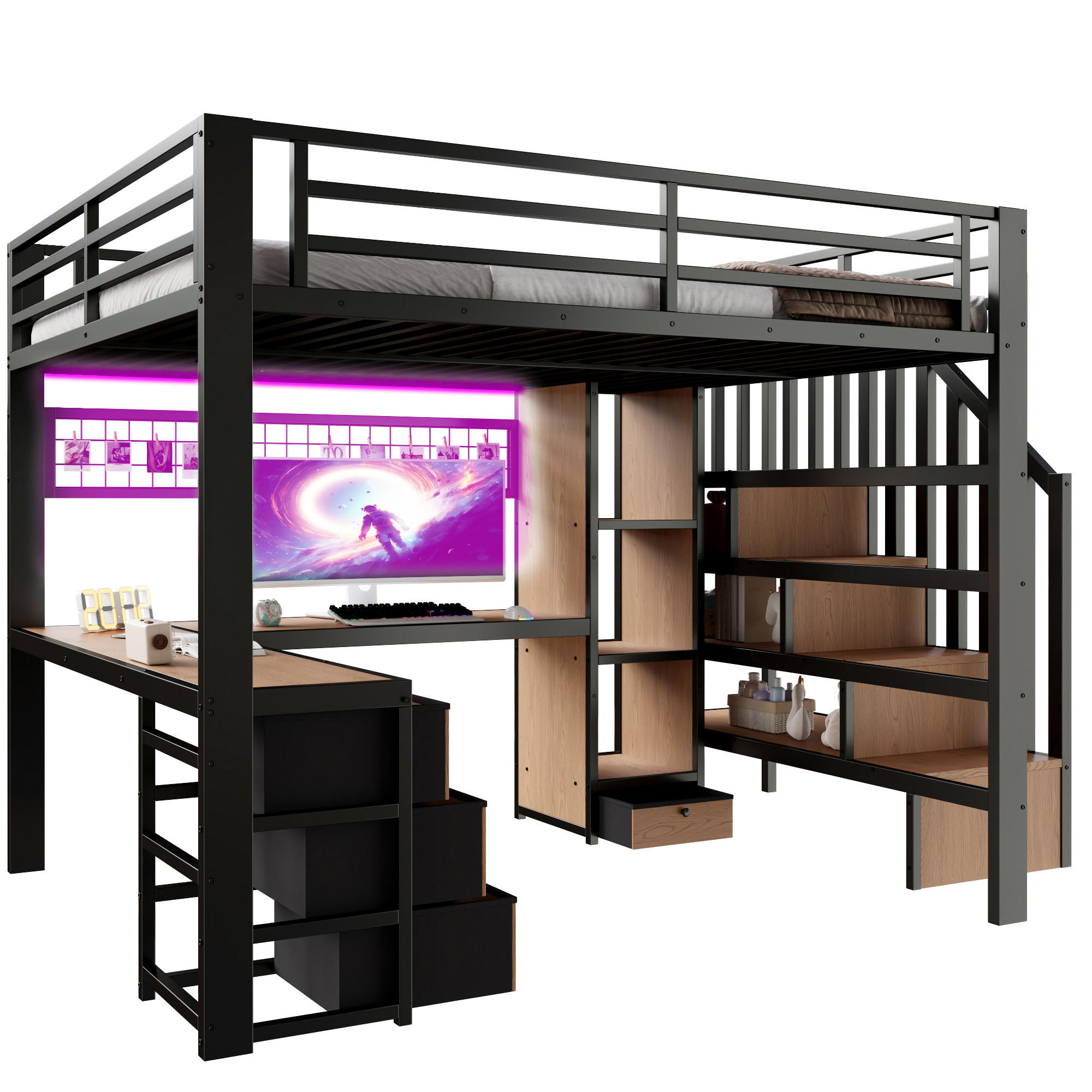 HOCHBETT 140/200 cm in Schwarz mit 4 Schubladen, LED, Schreibtisch und Ablage Metall Kinderbett - Schwarz, Holzwerkstoff/Metall (140/200cm) - STILVORA