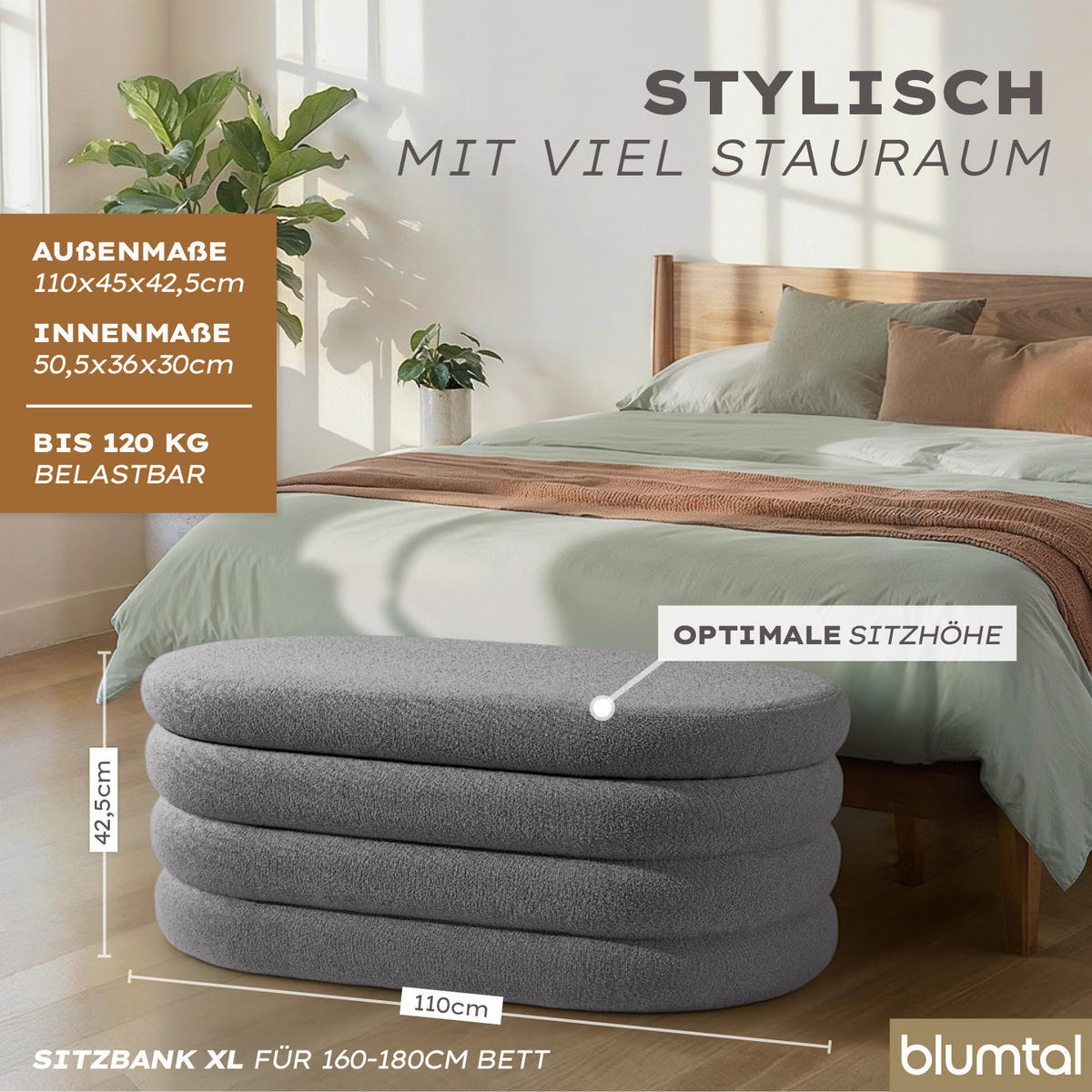 XL Sitzbank mit Stauraum Oval – Bouclé Truhenbank Grau - Grau, Textil (45/42.5/110cm) - Blumtal