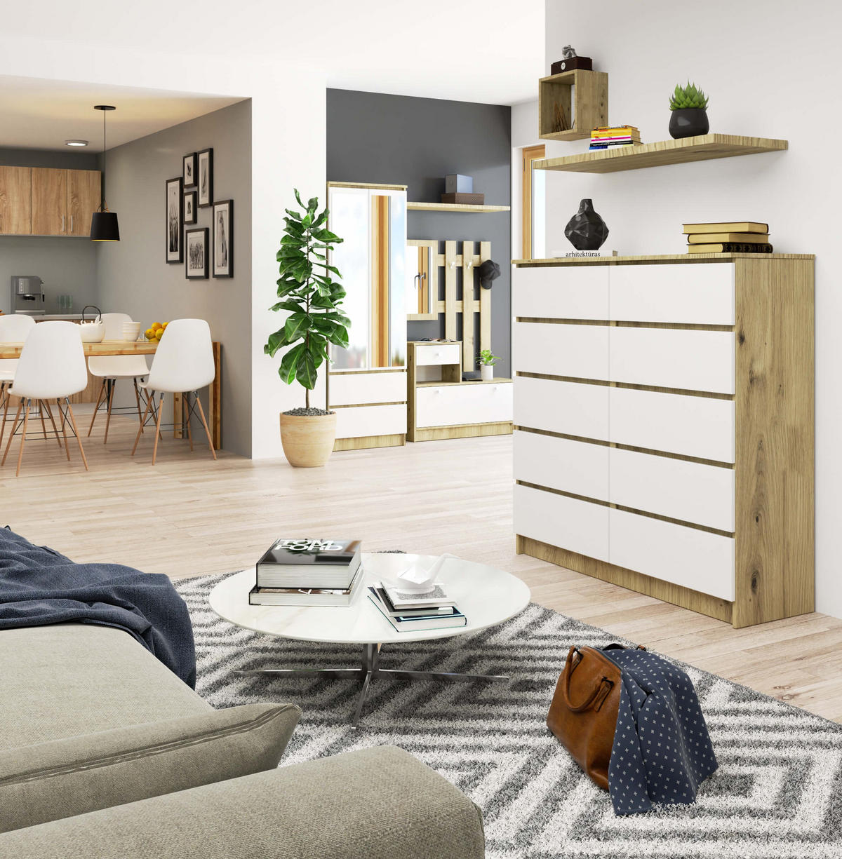 KOMMODE Eiche Artisan, Weiß 120x40x121 cm - Eiche Artisan/Weiß, Holzwerkstoff (120/121/40cm) - Akord