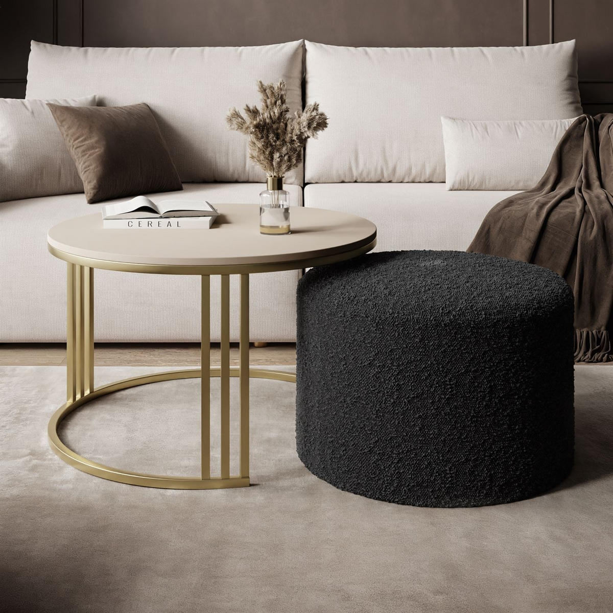 COUCHTISCH mit Hocker LORI MAT gebürstetes Gold/Kaschmir matt/Coral 60 - Kaschmir, Metall (70/70/49cm) - Lookway