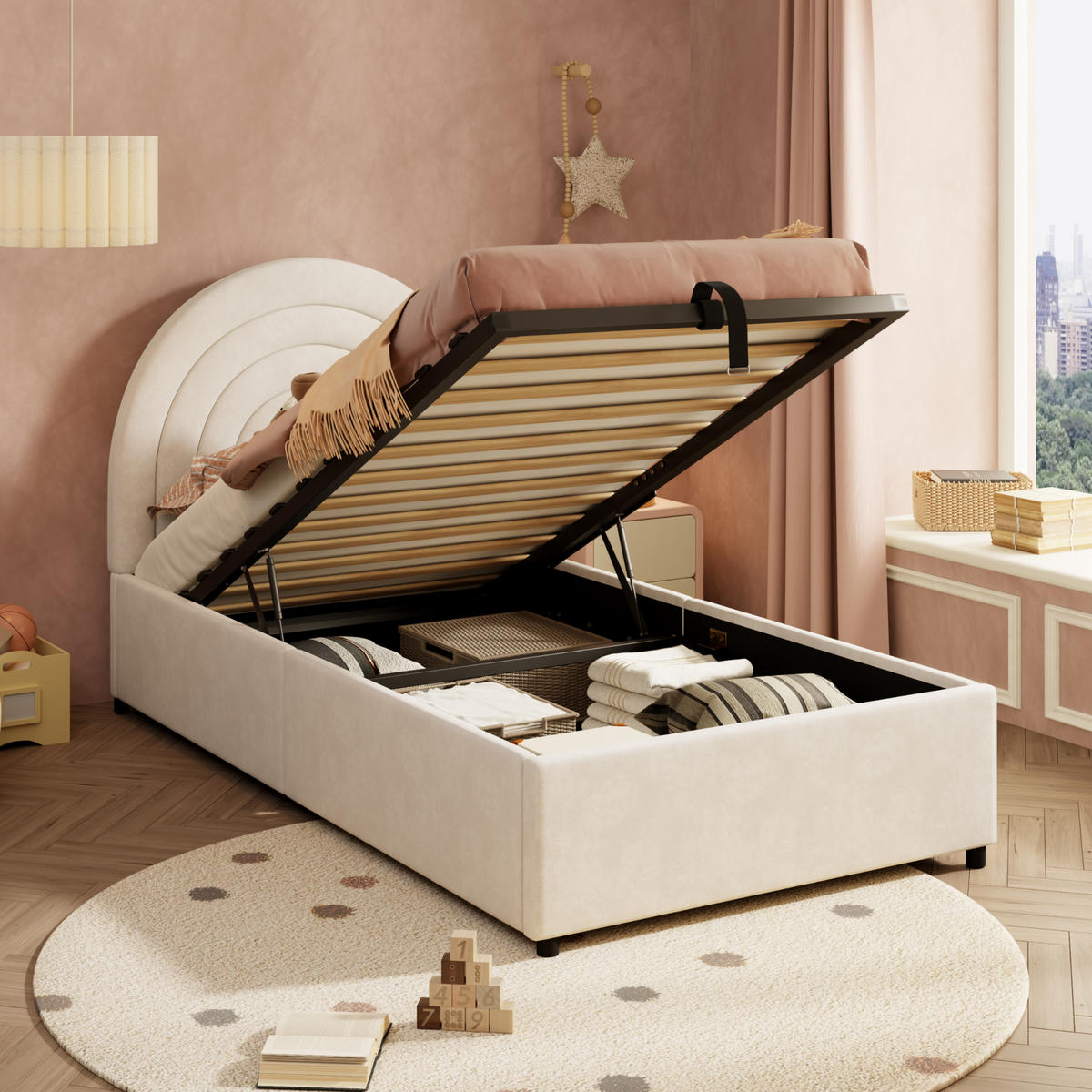 POLSTERBETT aus Samt 90x200 cm in Beige mit hydraulischem Stauraum - Beige, Textil (90/200cm) - Modfu