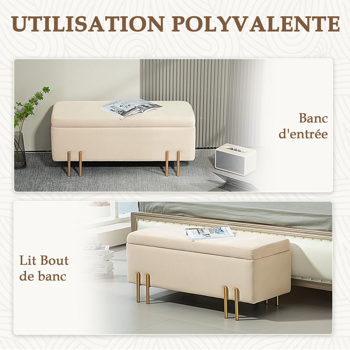 TRUHENBANK DE-16399 mit Stauraum und Samtbezug Beige/Gold - Beige, Textil (100/42/40cm) - ComfortXL