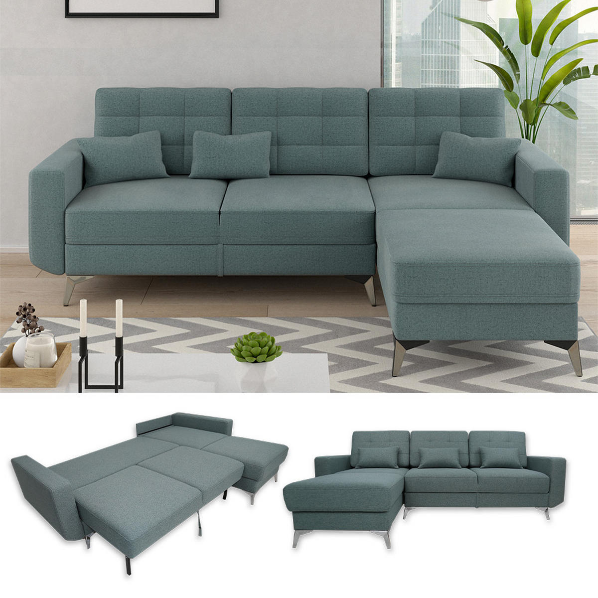 SOFA L FORM York Blau 260 x 96 cm - Dunkelblau, Holz (260/96cm) - VitaliSpa