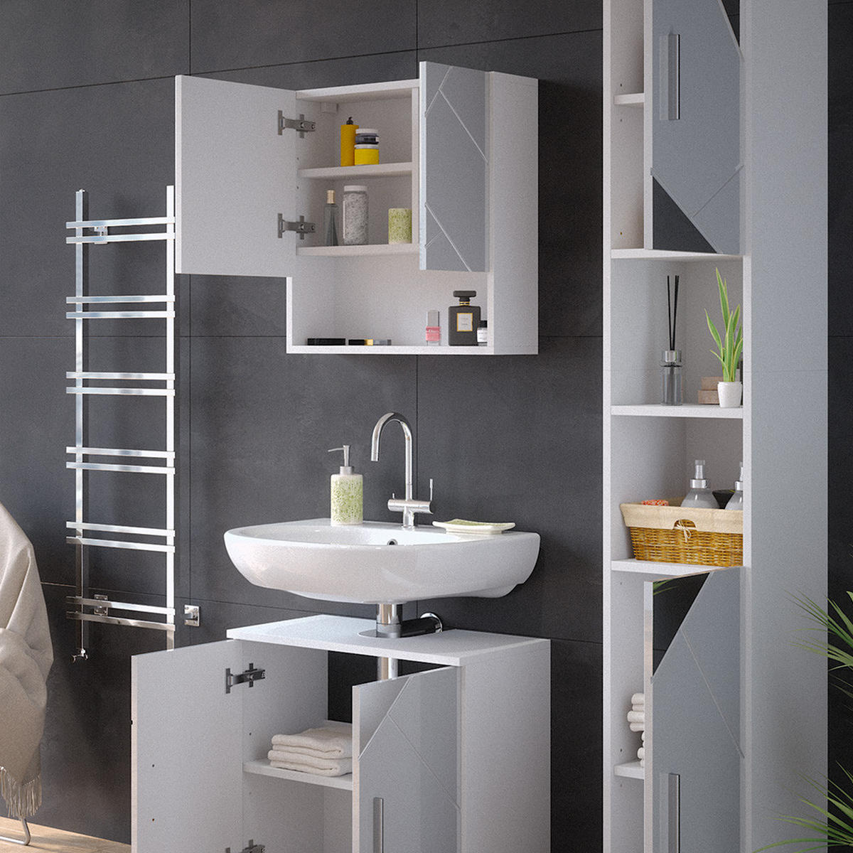 BADMÖBEL-SET Irma Weiß 3 Teile, mit Hochschrank - Weiß Hochglanz/Weiß, Holzwerkstoff (80/58.6/41cm) - Vicco