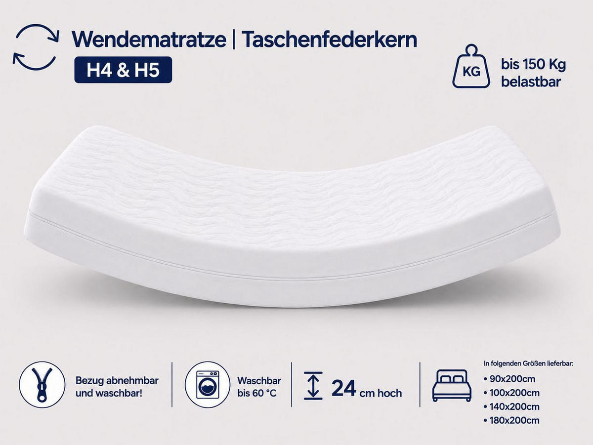 TASCHENFEDERKERNMATRATZE MW24 180x200 cm 24 cm Hoch H4/H5 - Weiß, Textil (180/200cm) - Matratzen Perfekt