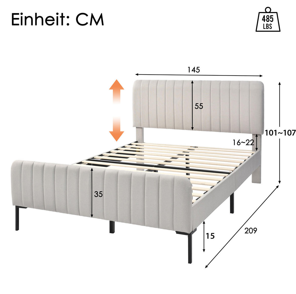 POLSTERBETT mit verstellbarem Kopfteil 140x200 cm Leinen Grau-Beige - Grau, Metall (140/200cm) - Meubliv