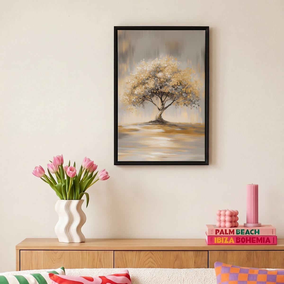 LEINWAND Bilder mit Rahmen - Gemälde - Baum - Abstrakt - Blätter - 20x30 - Beige, Textil (20/30cm) - MuchoWow