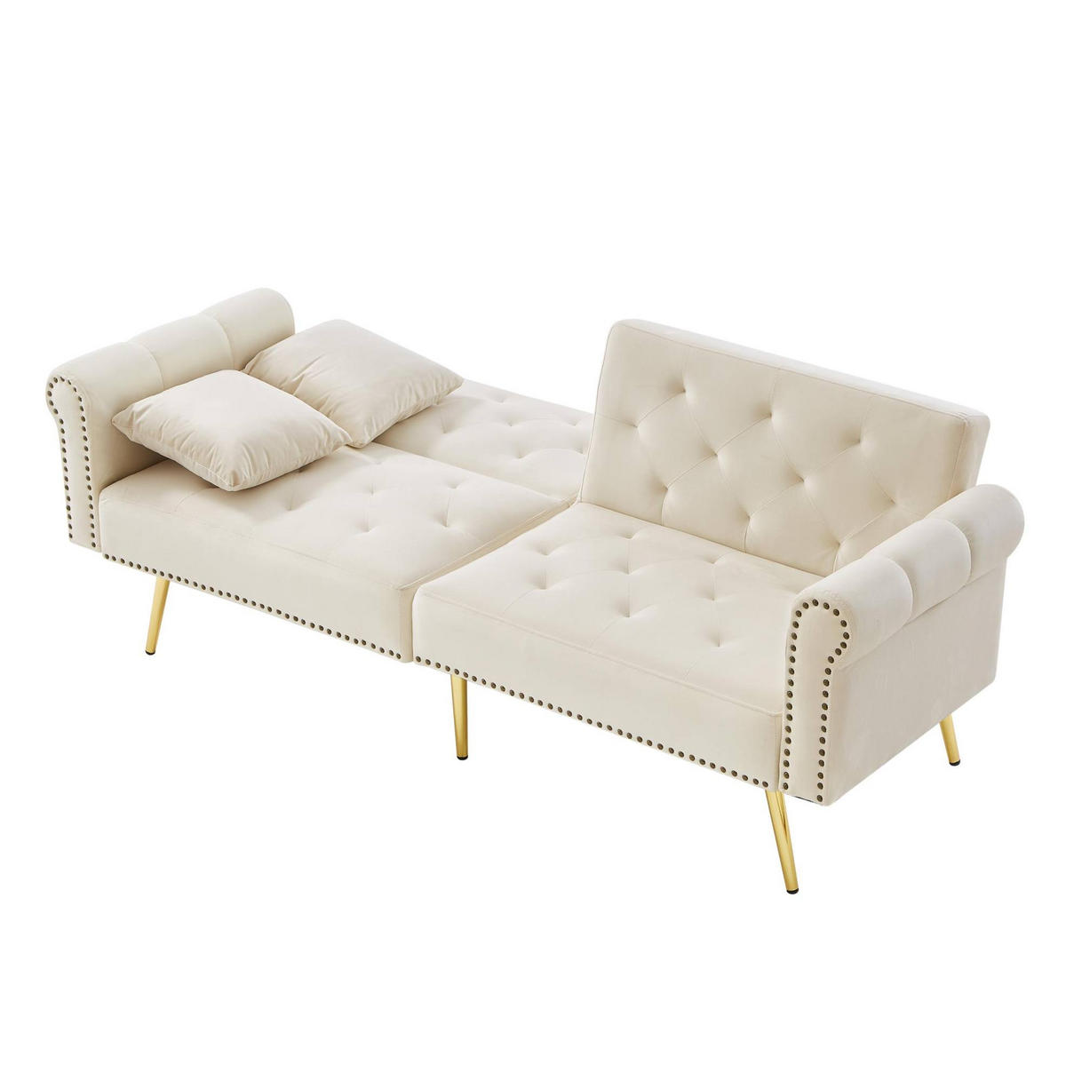 ROZKLÁDACÍ pohovka 147/85 cm béžová ze sametu s nastavitelnou opěrkou a zlatými nohami - béžová, plast (173/70/75cm) - OKWISH