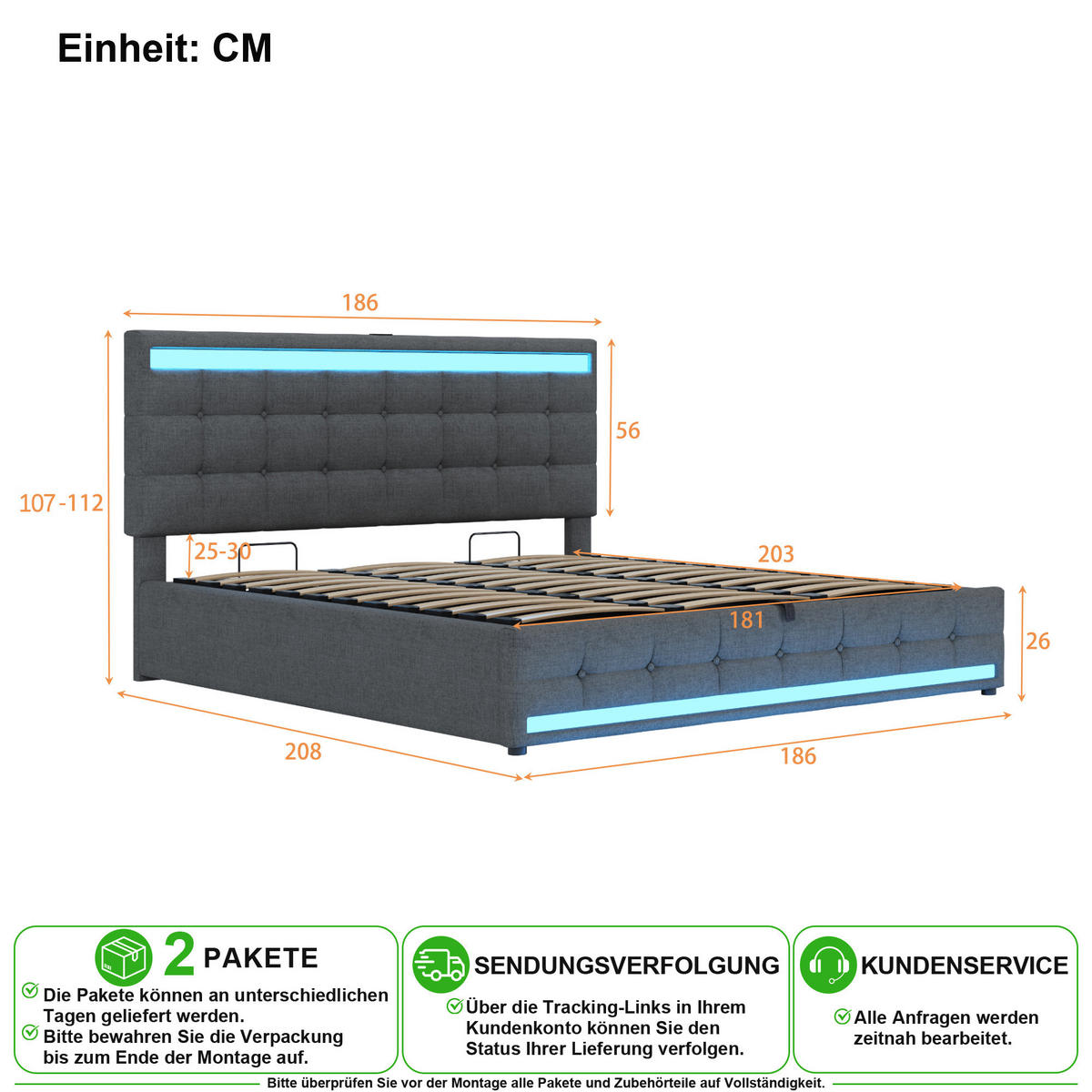 POLSTERBETT 180/200 cm in Grau mit LED und USB Leinen - Grau, Holzwerkstoff/Textil (180/200cm) - CHICFURN