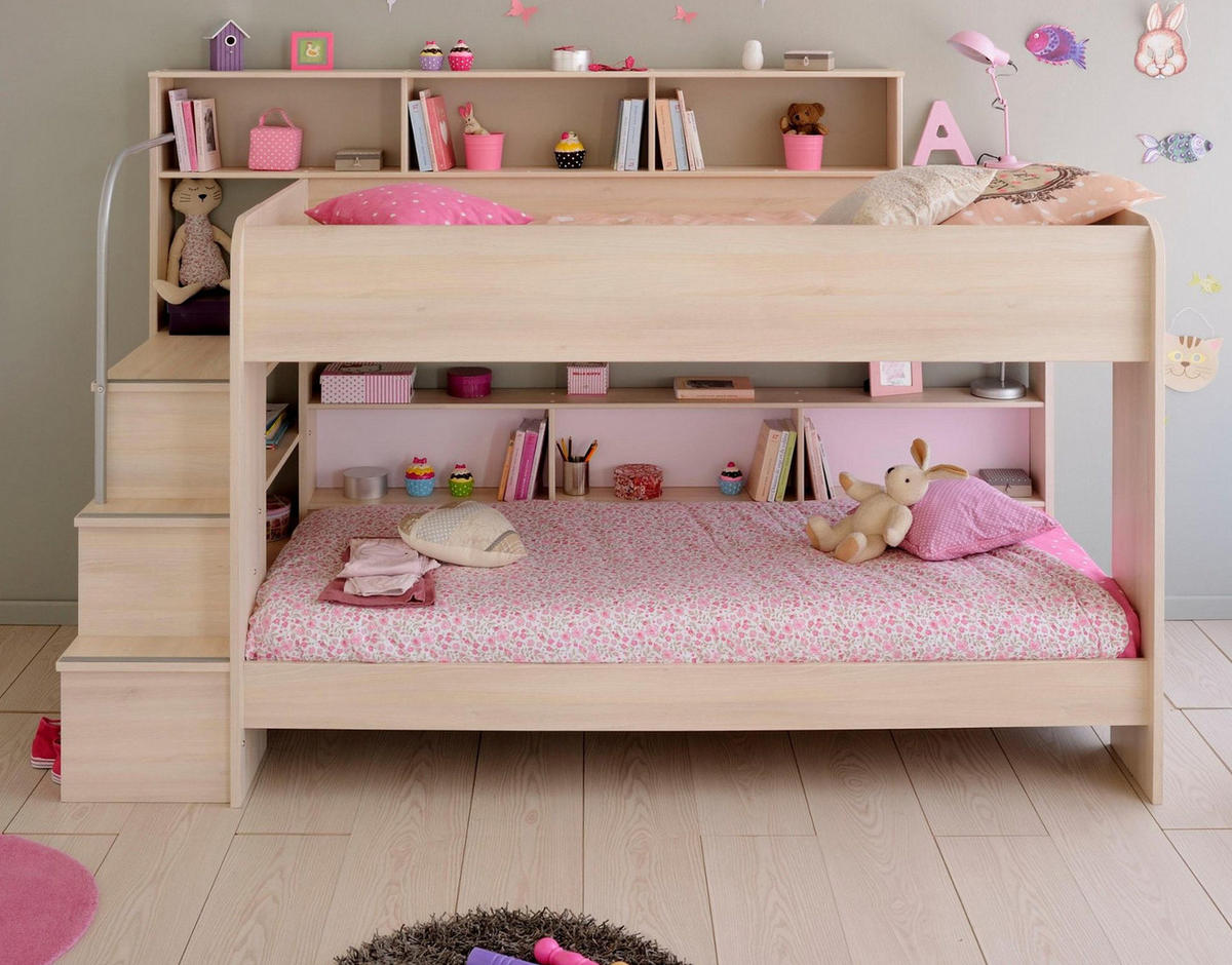 KINDERZIMMER Set Etagenbett 2x 90 x 200 cm und 3-türiger Kleiderschrank - Akaziefarben, Holz (245/171/114cm) - Furn.Design