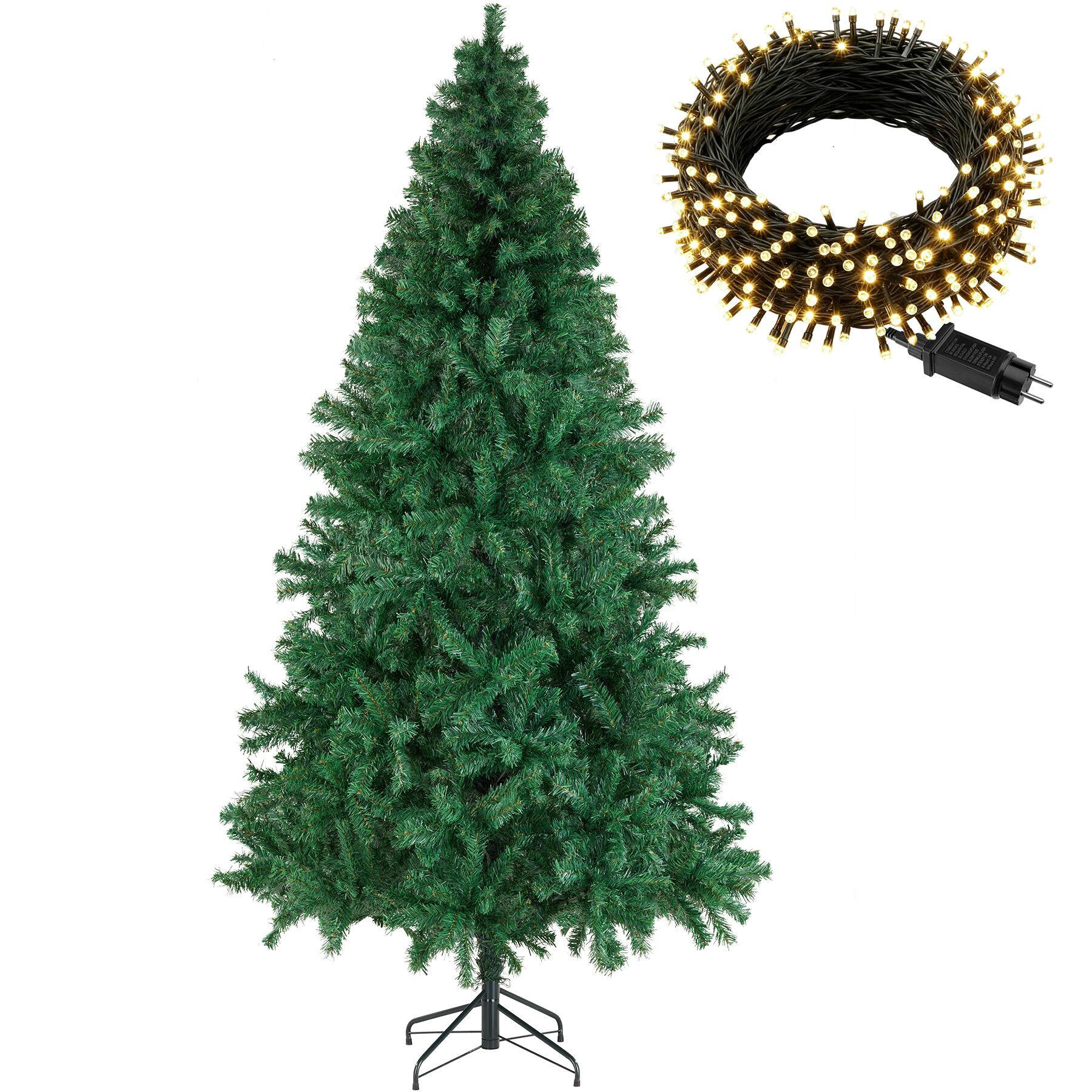 SET WEIHNACHTSBAUM MIT LICHTERKETTE ,pulverbeschichteter Metallständer mit Kunststoffkappen,grün - Grün, Kunststoff (230cm) - tectake