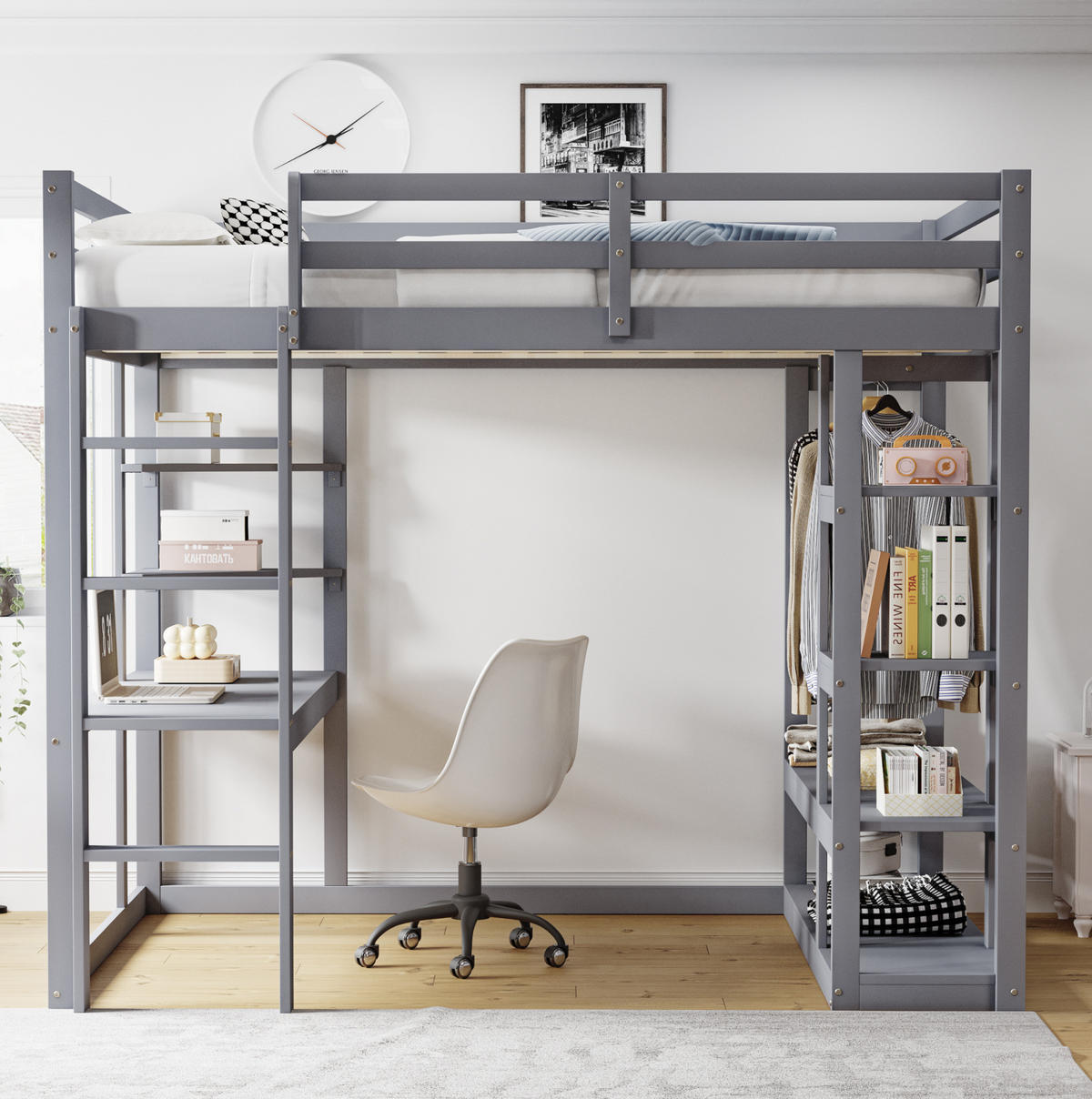 HOCHBETT 140/200 cm Grau aus Massivholz mit Schreibtisch und Regal - Grau, Holz (140/200cm) - OKMYHOME