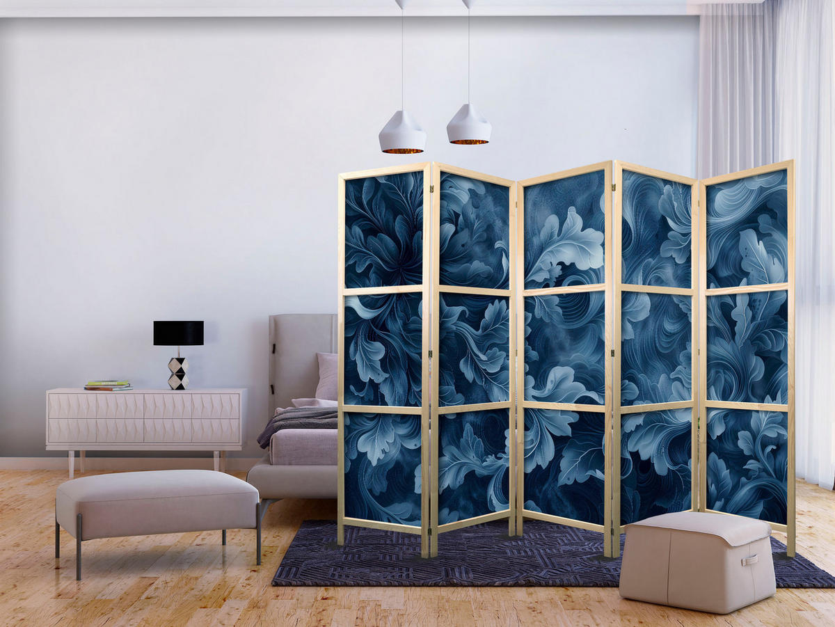 PARAVENT Japanischer 5-tlg 225x172 cm Bl tter Ornamente - Blau, Holz/Textil (225/172/3cm) - Muralo